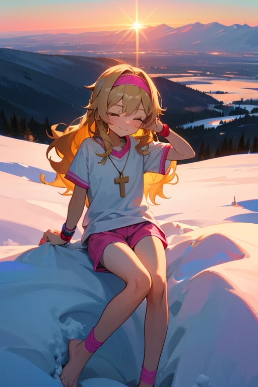 a cute 6 year old christian church girl named Zachary, brownish blonde hair, hairband, skinny, long wavy hair, in the arctic, wintertime, playing in the snow, short sleeved white sport jersey tshirt, pink shorts, cross necklace, playing in the snow, sunset, slight smile, wristbands, barefoot , winking, hand details, feet details, at the summit of a mountain, sitting on the hood of a pink car