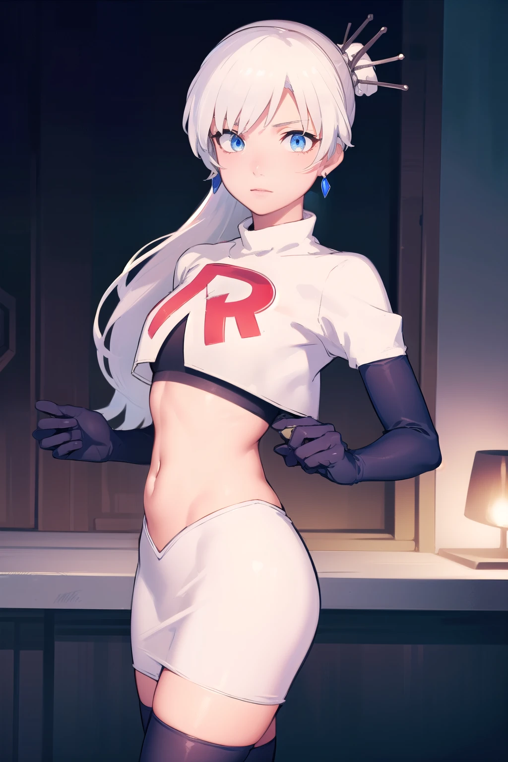 weissschnee, weiss schnee, long hair, blue eyes, hair ornament, ponytail, white hair, side ponytail, scar, tiara, scar on face, scar across eye,
BREAK jewelry, earrings, team rocket,team rocket uniform, red letter R, white skirt,white crop top,black thigh-highs,black elbow gloves
BREAK looking at viewer, (cowboy shot:1.5),
BREAK (masterpiece:1.2), best quality, high resolution, unity 8k wallpaper, (illustration:0.8), (beautiful detailed eyes:1.6), extremely detailed face, perfect lighting, extremely detailed CG, (perfect hands, perfect ???????),