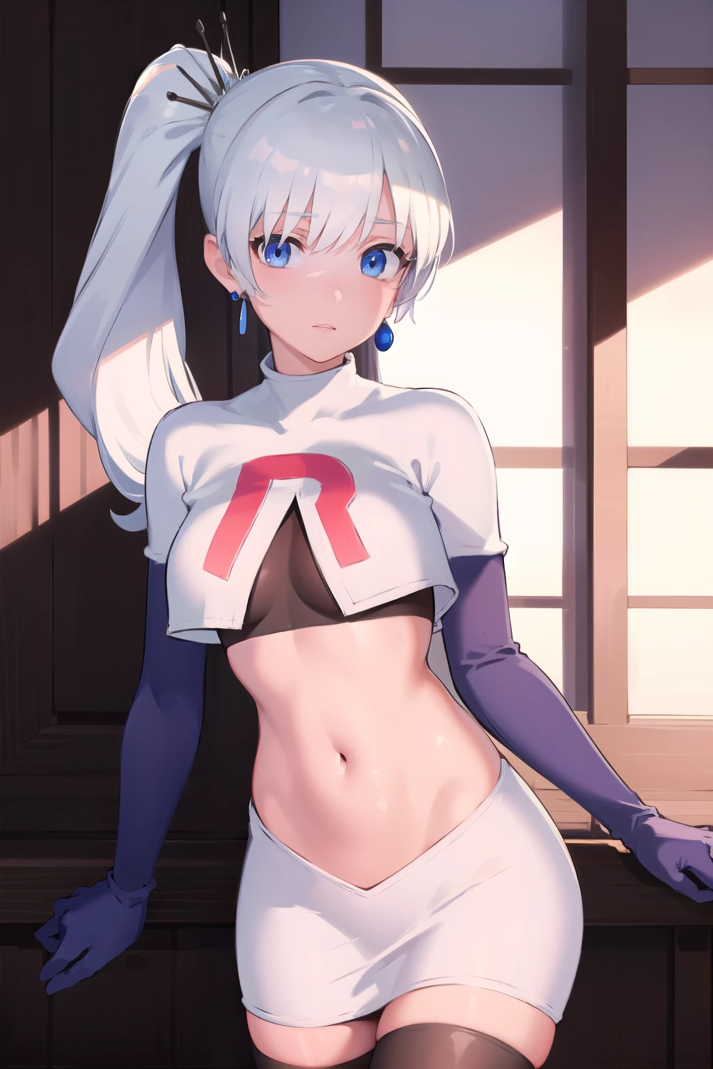 (masterpiece, best quality, ultra-detailed, illustration),genshin impact, kamisato, 1girl,solo,ayaka hair ornament,cowboy shot,ponytail, blunt bangs,blue eyes, eyebrows visible through hair, long hair, silver hair, looking at viewer,medium breasts,team rocket,team rocket uniform,white skirt,crop top,black thigh-highs,black elbow gloves,,