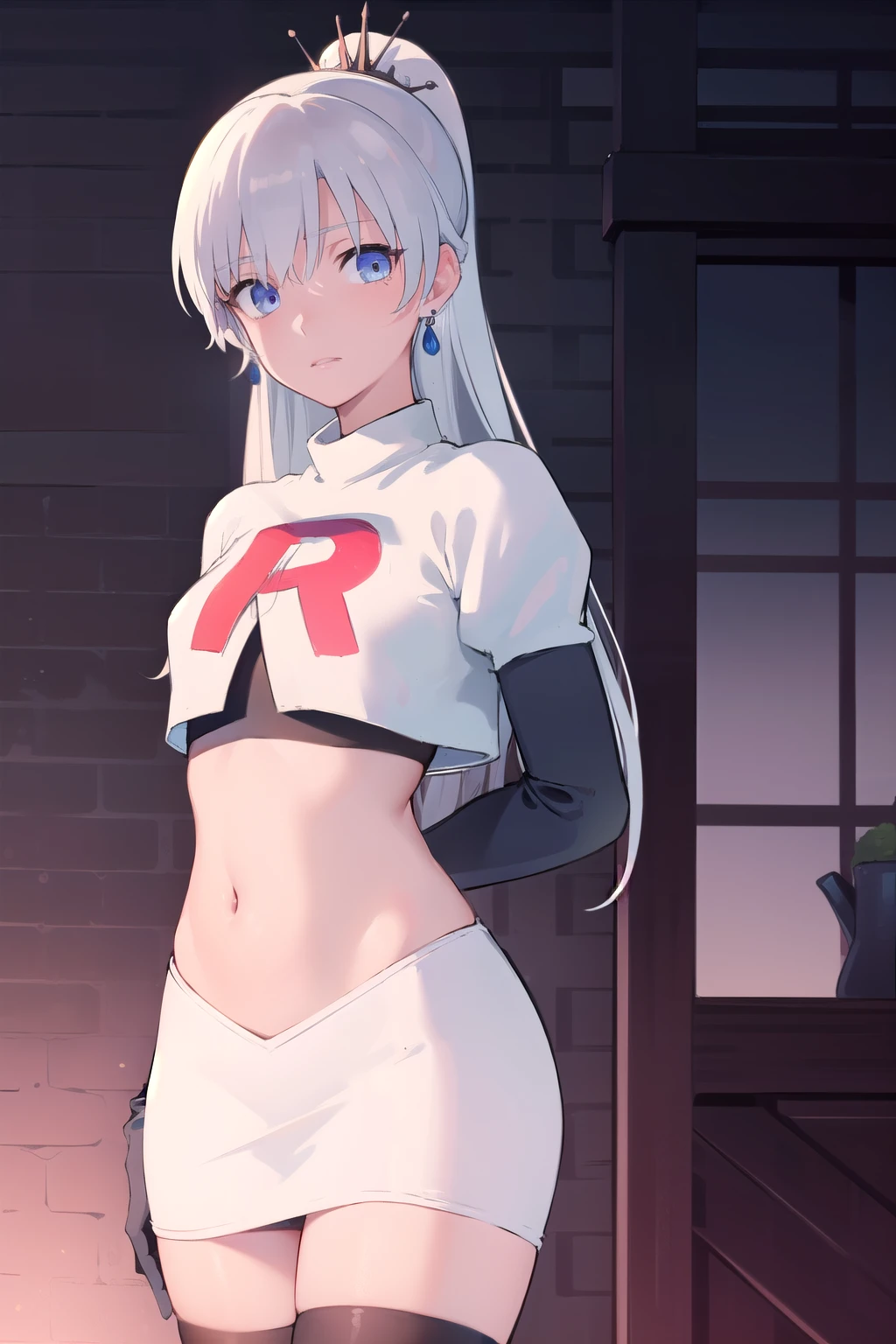 weissschnee, weiss schnee, long hair, blue eyes, hair ornament, ponytail, white hair, side ponytail, scar, tiara, scar on face, scar across eye,
BREAK jewelry, earrings, team rocket,team rocket uniform, red letter R, white skirt,white crop top,black thigh-highs,black elbow gloves
BREAK looking at viewer, (cowboy shot:1.5),
BREAK (masterpiece:1.2), best quality, high resolution, unity 8k wallpaper, (illustration:0.8), (beautiful detailed eyes:1.6), extremely detailed face, perfect lighting, extremely detailed CG, (perfect hands, perfect anatomy),