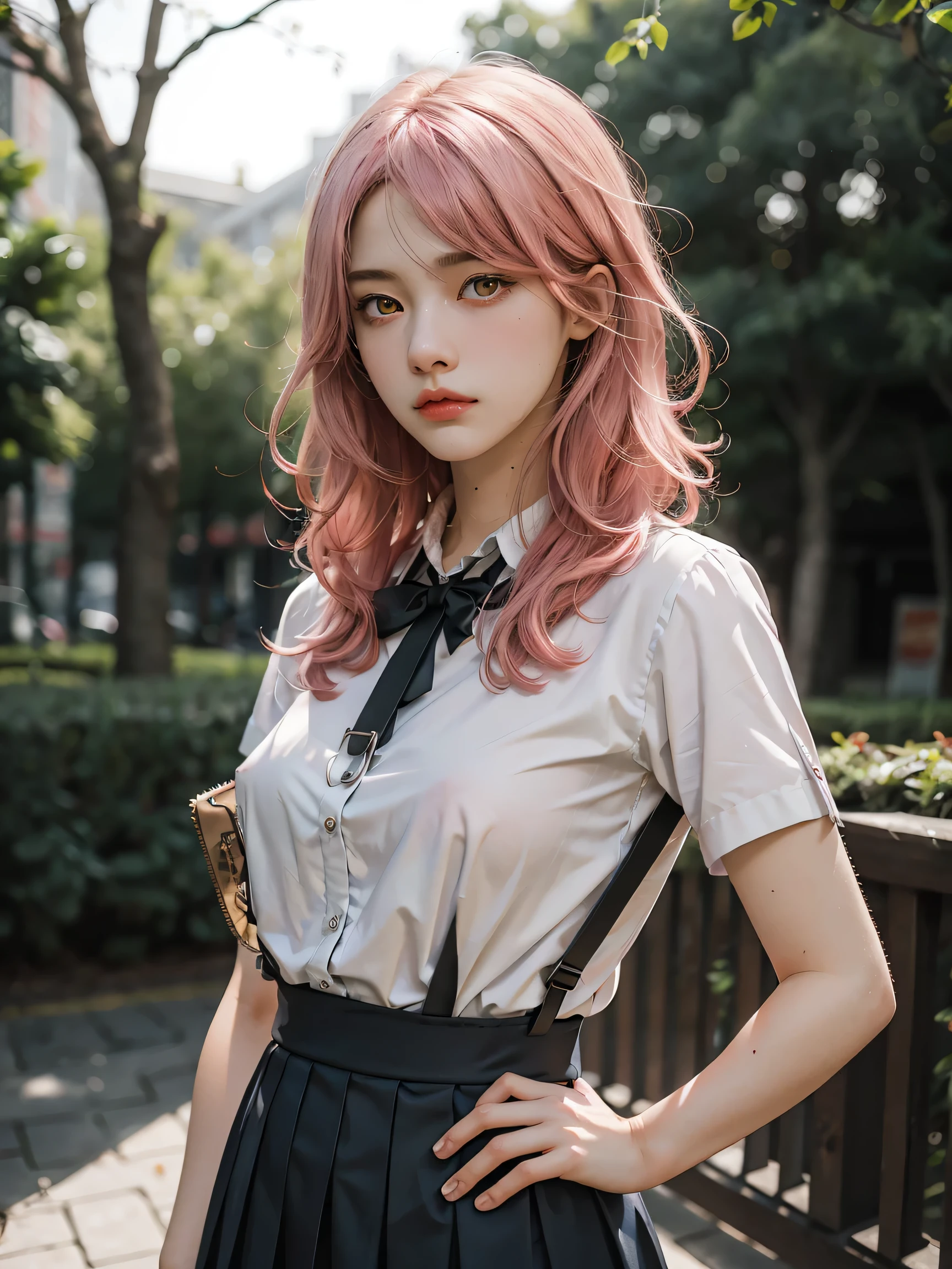 (8K, Raw photo, highest quality, masterpiece), ultra high resolution, (realistic, photo-realistic), 1 girl, emotionless, alone, pink hair, yellow eyes, professional lighting, detailed lighting, Backlight, written boundary depth, Natural light, sharp focus, Shooting distance 3 meters, professional photography, fine eyes, realistic eyes, detailed shadow, cosplay, suspenders, skirt, big breasts, ((erect nipples)), thin waist