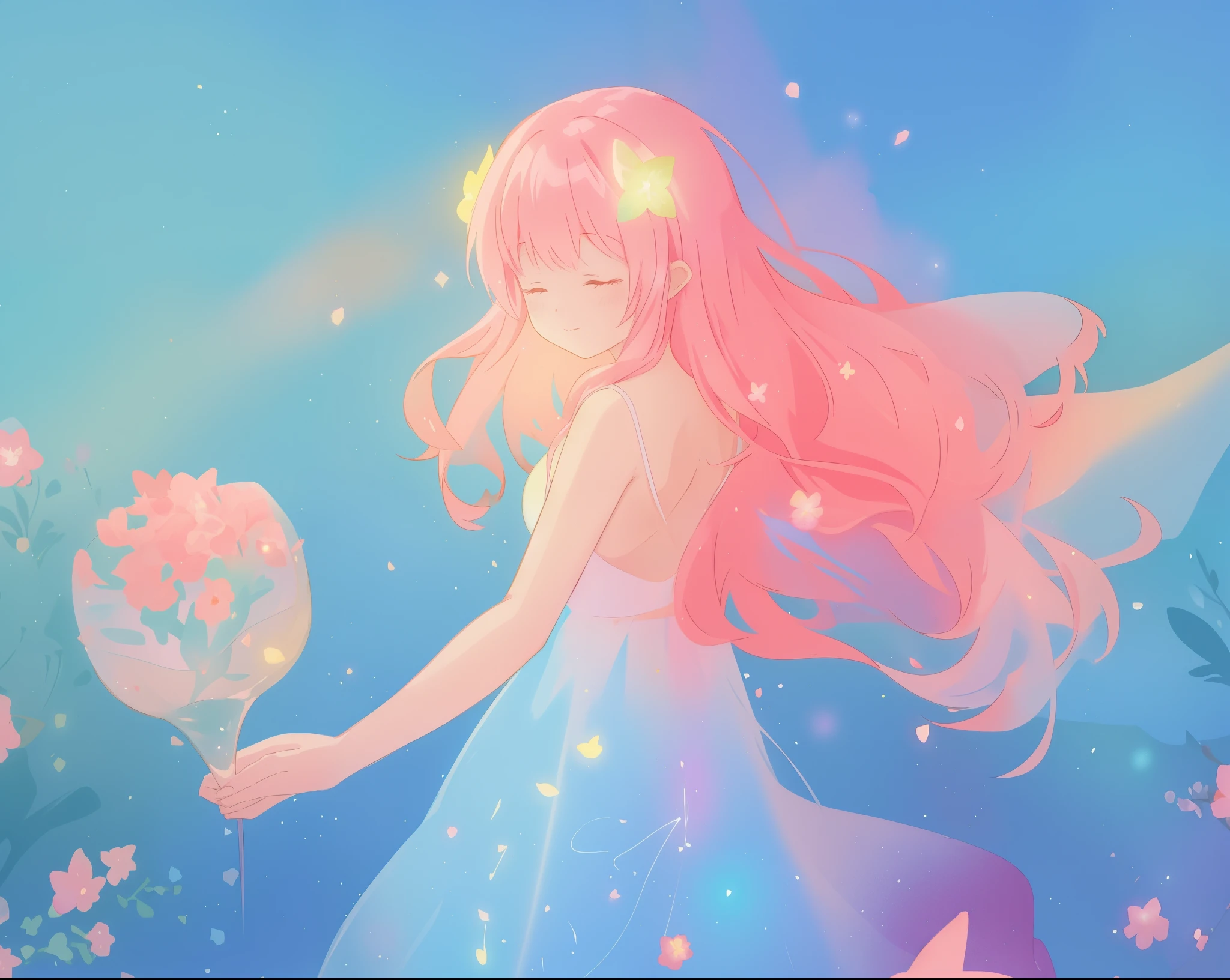 beautiful girl in sparkling flowing dress, long flowing pink hair, colorful fantasia background, watercolor illustration, disney art style, glowing aura around her, glowing lights, beautiful digital illustration, fantasia otherworldly landscape plants flowers, beautiful, masterpiece, best quality, anime disney style