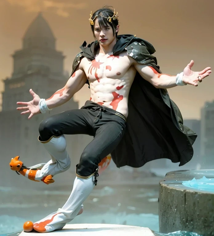 Full naked body shot of angry young boy from Korean with a singer idol appearance, flying in the air with black devil wings, lightning, ,handsome, brown boots , nude body , midnight, raised a light power,torch, small soft man penis.