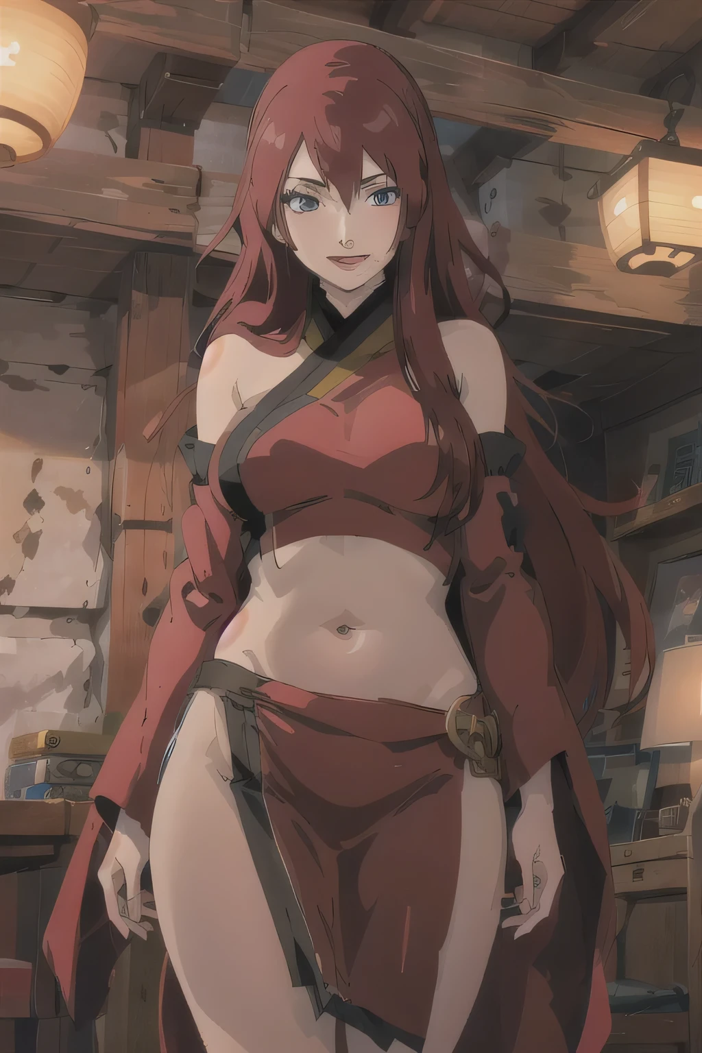 Fuka, red hair, makeup, thick lips, lipstick, 
masterpiece, best quality, highly detailed, a anime girls in kimono dress with a sword posing for a
picture, bare shoulder,open kimono, evil smile, open mouth, crop top , (nsfw) not safe for work, smile,
ecchi anime style, anime girls, ecchi style, ecchi, digital anime art!!, in anime style, official artwork, visual
novel cg, beautiful anime girl, anime style 4 k, kimono pencil skirt, exposed belly, exposed navel,
exposed midriff, exposed lower belly, outdoor, japanese architecture, temple