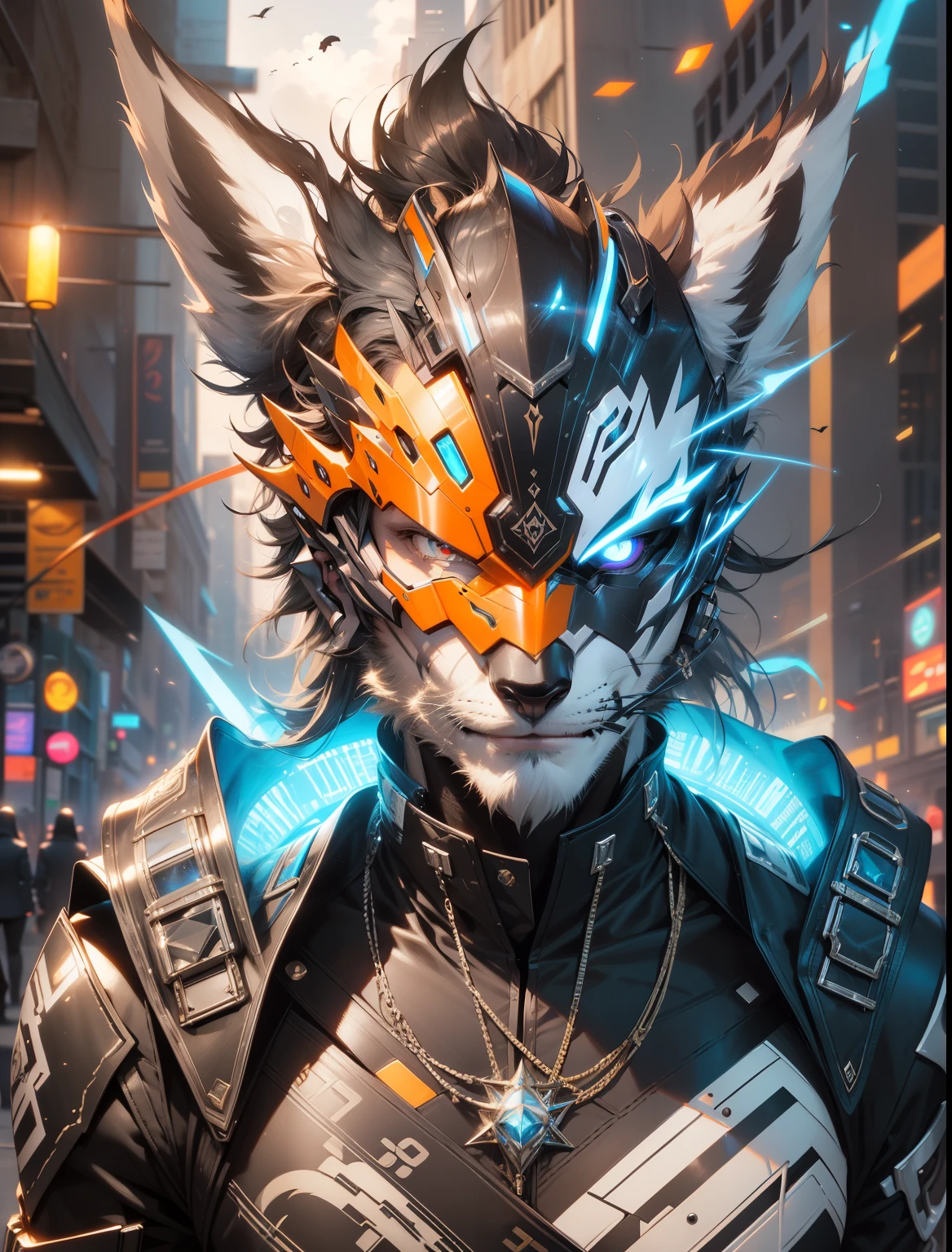 (highres,photorealistic)A futuristic-dressed zorro, cyberpunk zorro, with sharp, realistic features, glowing eyes, and sleek, metallic fur, perfectly designed for the future. The zorro stands tall and confident, with a mysterious aura surrounding its presence. The zorro's futuristic suit is made of advanced materials that reflect light, giving it a shiny and futuristic look. The suit is adorned with intricate details and glowing neon accents, emphasizing its high-tech nature. The zorro's mask is sleek and dark, with a glowing cybernetic pattern that adds to its futuristic appearance. The zorro's sharp, pointy ears stand proudly on its head, giving it a sense of alertness and agility. The zorro's tail is long and slender, with metallic segments that move gracefully as it walks. The background showcases a dystopian cityscape with towering skyscrapers, neon lights, and flying cars, emphasizing the cyberpunk theme. The lighting is moody and atmospheric, casting dramatic shadows on the zorro and the surrounding environment. Overall, the artwork captures the essence of a futuristic, cyberpunk-inspired zorro with impeccable detail and a photorealistic rendering.
