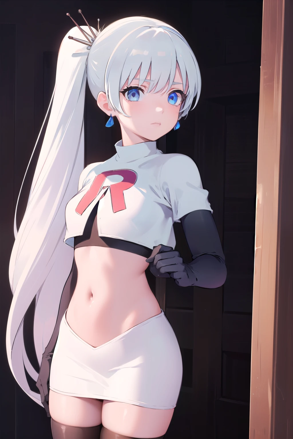 weissschnee, weiss schnee, long hair, blue eyes, hair ornament, ponytail, white hair, side ponytail, scar, tiara, scar on face, scar across eye,
BREAK jewelry, earrings, team rocket,team rocket uniform, red letter R, white skirt,white crop top,black thigh-highs,black elbow gloves
BREAK looking at viewer, (cowboy shot:1.5),
BREAK (masterpiece:1.2), best quality, high resolution, unity 8k wallpaper, (illustration:0.8), (beautiful detailed eyes:1.6), extremely detailed face, perfect lighting, extremely detailed CG, (perfect hands, perfect anatomy),