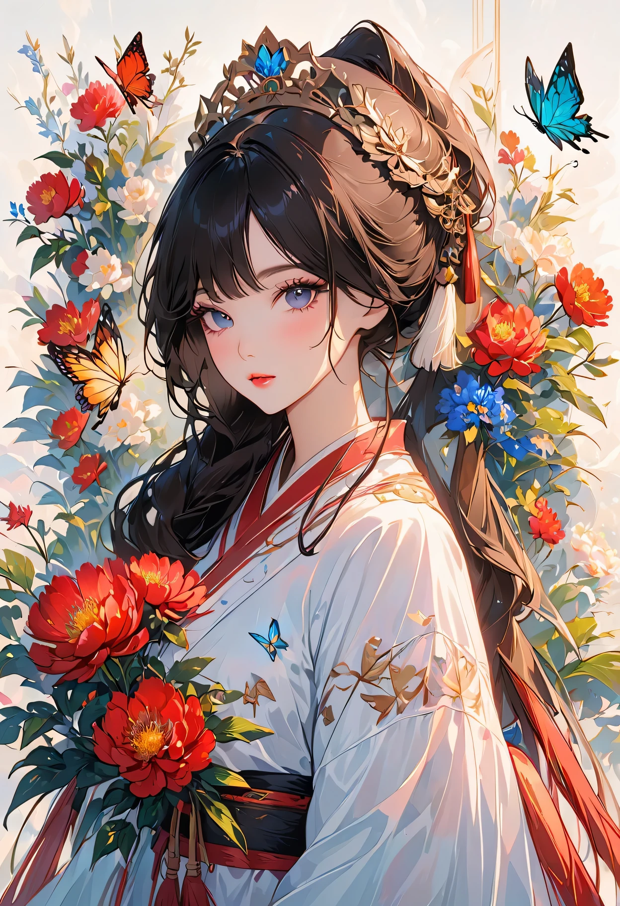 (masterpiece, best quality:1.2),2d,printing,Smooth lines,black line,T-shirt design,vector art:1.37. (1 girl, alone,Fair).(Exquisite facial features,eyelash,blush,long hair,Exquisite makeup),crown,花环crown,corolla,黑色long hair,hanfu,tassel,Butterfly,peony,symmetry,White background,