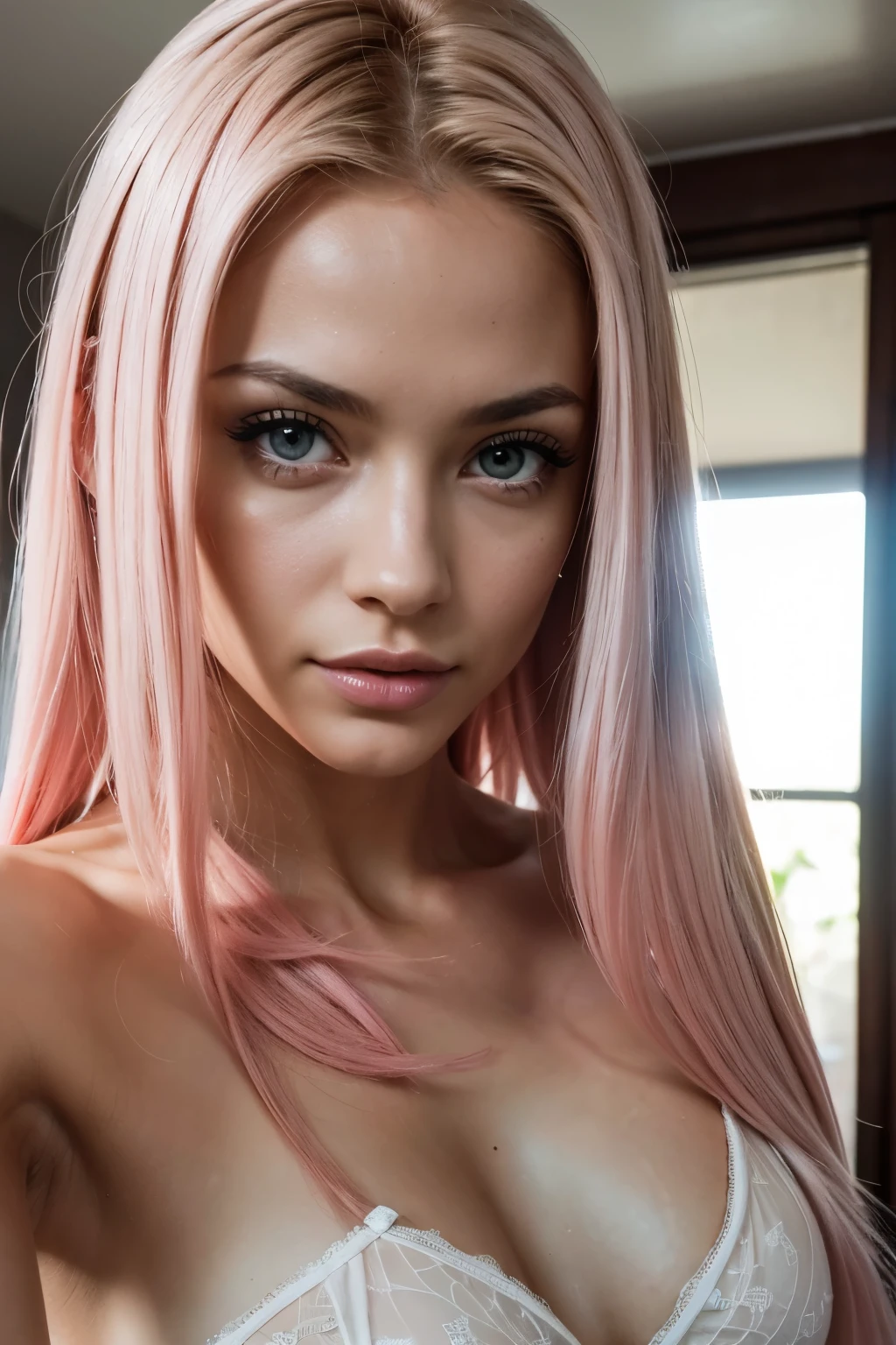 nude female, nude, full frontal view, sexy skinny athletic body, long pink hair, cute face, wearing see-through white lingerie, gazing directly at the viewer, eyes fixed on the lens with an intense stare, Ultra-realistic , at trailer park, captured with a DSRL camera in 4k resolution, rich in detail with perfect lighting, adorned with natural makeup and expressive features, is a testament to the camera's high-resolution capabilities.