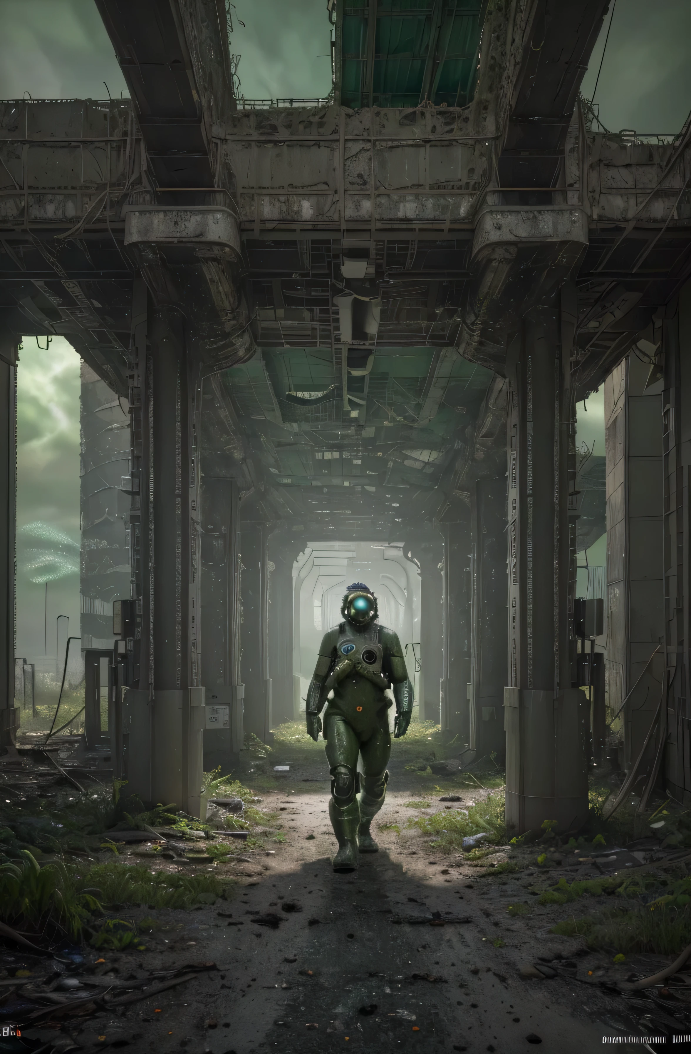 (Ultra detailed), (masterpiece), (best quality), (very detailed CG unit 8k wallpaper), a man in hazmat gas mask suit exploring abandoned city, following the road, polluted, abandoned, (green sky), neglected, dawn, concept art, (small growths of tiny shiny fungi, roots, spores, polluted air), (greenish sky), dark, post-apocalypse, cinematic, highly detailed, stylized wallpaper