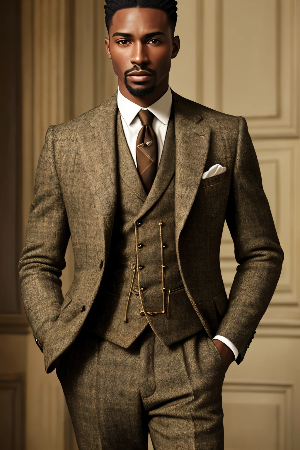 Create an 8K masterpiece portraying an African or Caribbean man in his early 30s, exuding the early 20th-century working-class English style found in historical dramas. His stern, focused expression displays sharp features and a firmly set jaw, with a textured crop hairstyle reminiscent of the era, featuring a hint of stubble on his chin, enhancing his rugged appeal. Dressed in a vintage tweed suit, intricately tailored to accentuate his lean frame, the portrait showcases a waistcoat and a classic, dark tie.

Focus on the man from the chest up, ensuring his hands remain hidden from the frame. The scene takes place