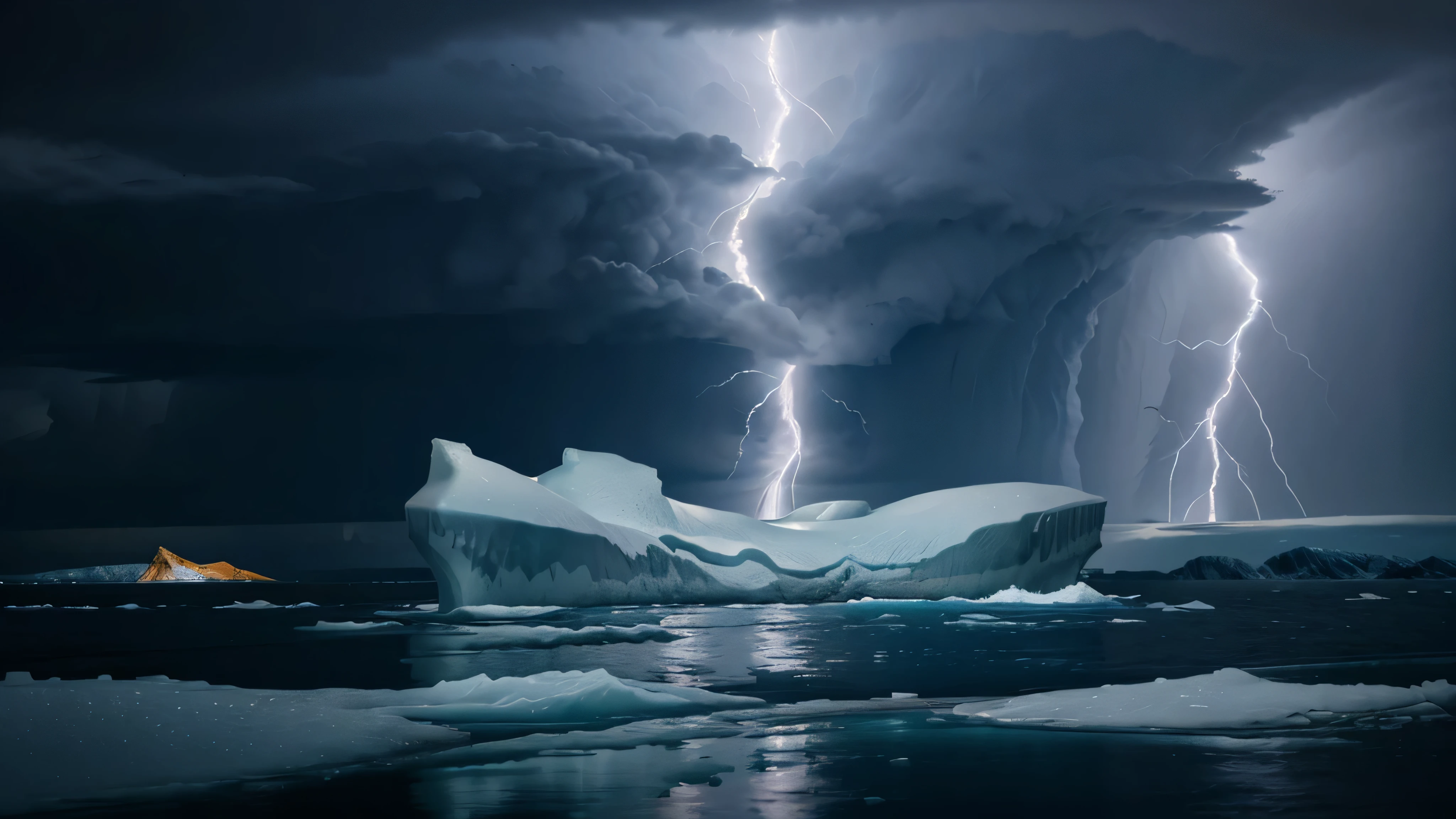 Visualize a dramatic thunderstorm scene set at night in the icy waters of the polar regions, with massive icebergs floating in the sea. Lightning bolts illuminate the scene, casting an ethereal glow on the icebergs, making them appear as glowing giants amidst the turbulent waters. The reflection of the lightning on the icy surfaces and the water creates a mesmerizing spectacle of light and shadow, showcasing the stark beauty of the polar night and the raw energy of the storm.