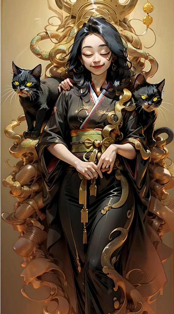 woman wearing white kimono、Monster cats are on the left and right、The snake is wrapped around it、surrounded by animals、
