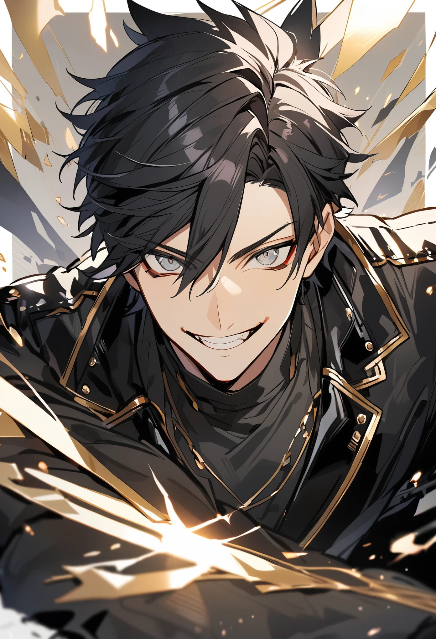Handsome male, solo, 1male, teenager, golden lining, medium black hair, wolf cut hair, sharp eyes, gray eyes, smile expression, black leather clothes, black jacket, black gloves