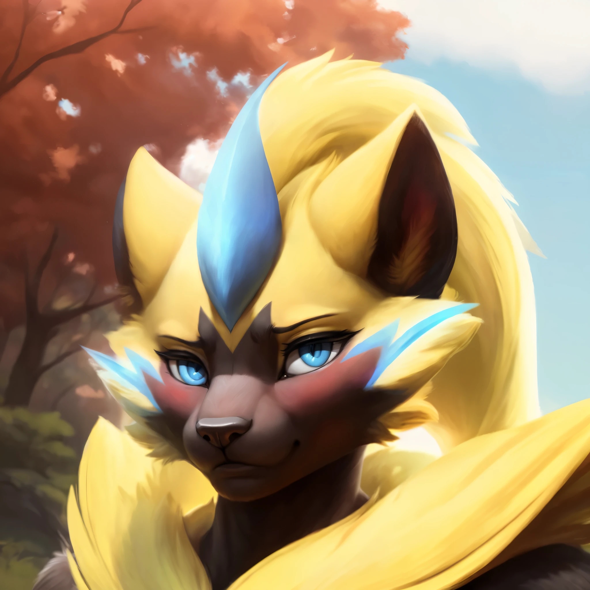 (best quality,ultra-detailed,realistic:1.37), zeraora, cat snout, realistic, detailed face, striking eyes, beautiful makeup, flawless skin, expressive eyebrows, perfect lighting, long eyelashes, pouty lips, soft focus, vibrant colors, outdoor lighting,realistic,soft lighting,vibrant colors,delicate fur texture, blush, embarrassed expression, shy expression