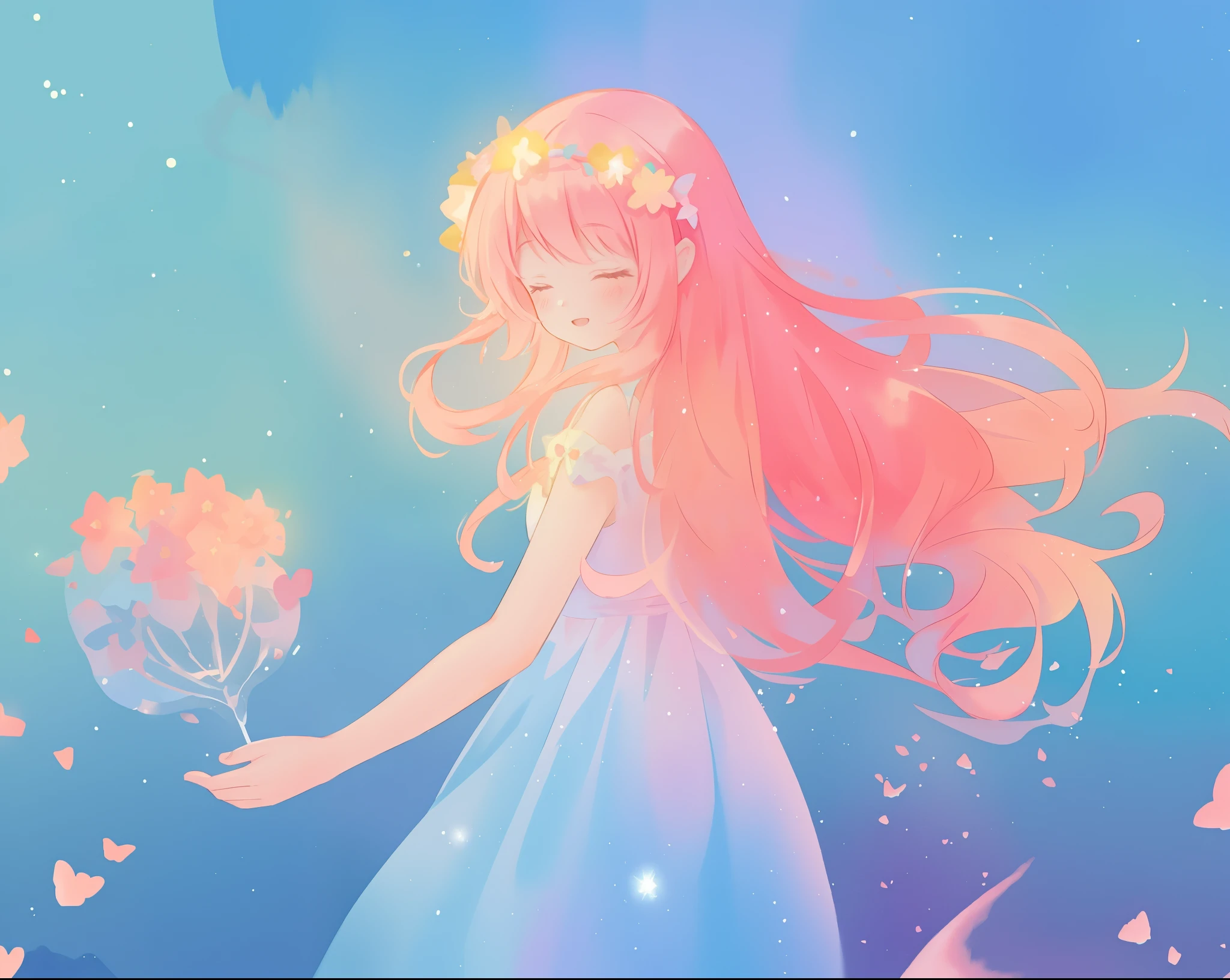 beautiful girl in sparkling flowing dress, long flowing pink hair, colorful fantasia background, watercolor illustration, disney art style, glowing aura around her, glowing lights, beautiful digital illustration, fantasia otherworldly landscape plants flowers, beautiful, masterpiece, best quality, anime disney style