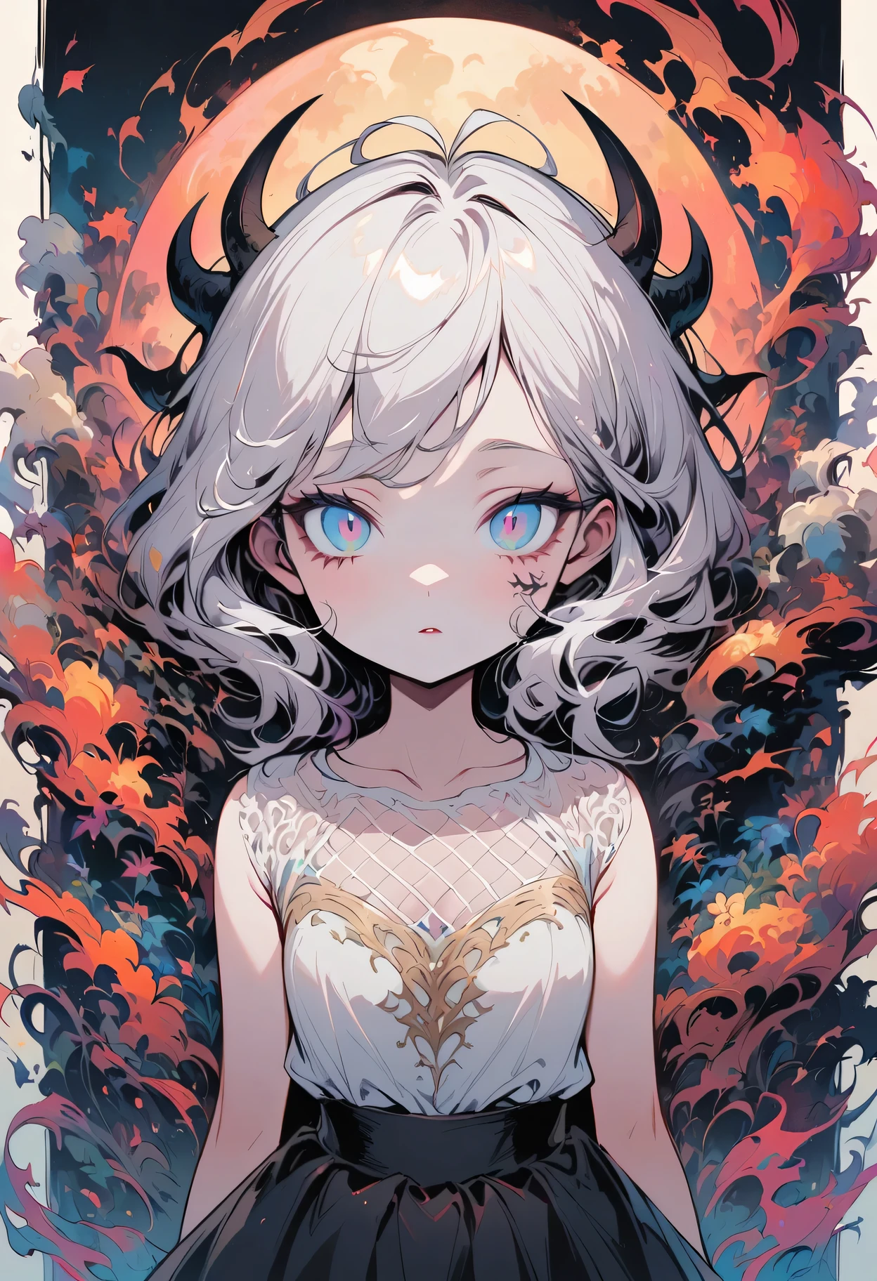 albino devil girl,((above waist)), Photographed from a distance, Sleepy、smoky eyes, big eyes, Eyes are delicate and beautiful, Beautiful and delicate face, details on face, White hair rings , antenna , fishnet shirt, (long and complex horns:1.2)