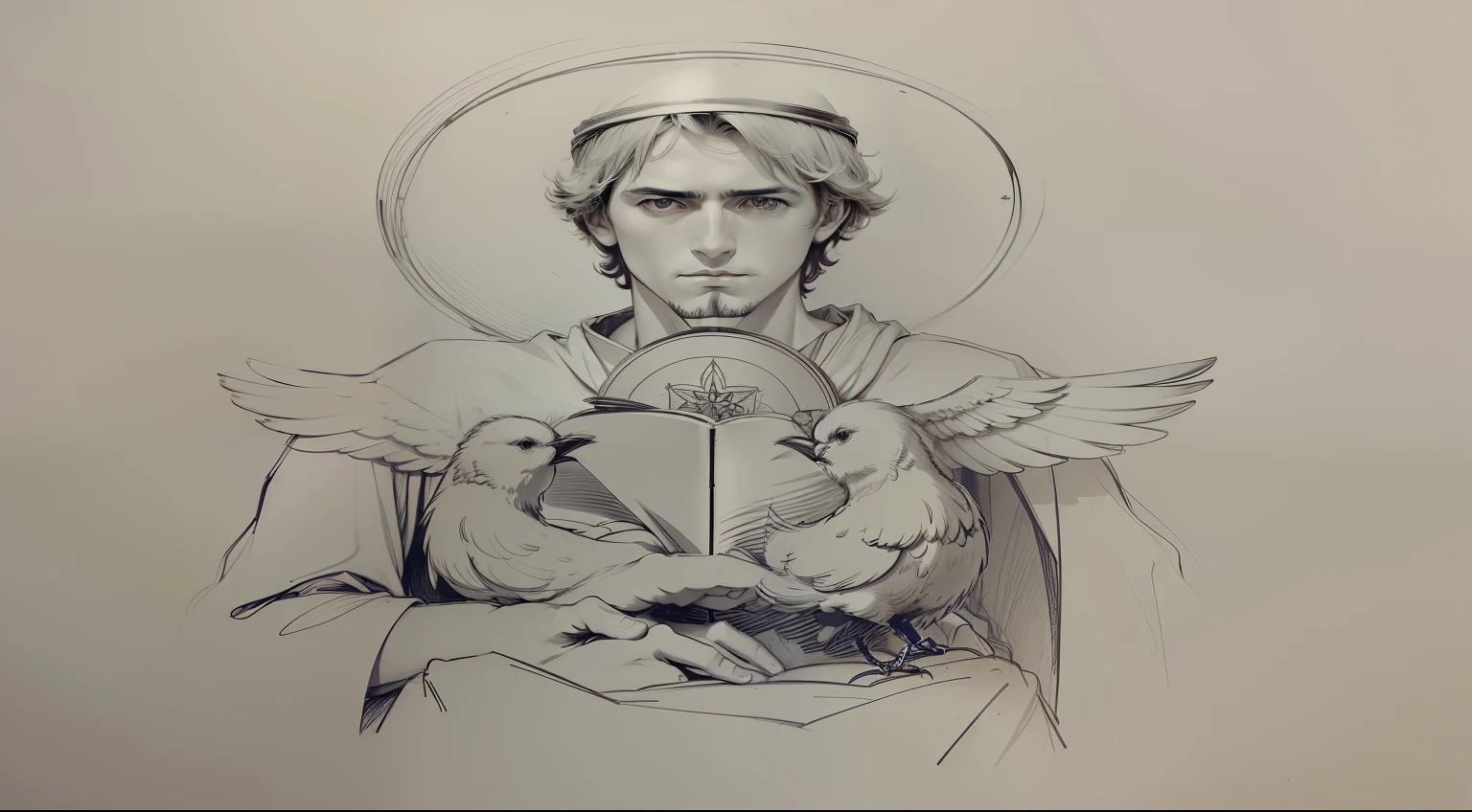 drawing of a person holding a book with a photo of a person holding a bird, inspired by Fra Angelico, inspirado em Taddeo Gaddi, inspired by Thomas Aquinas Daly, inspirado em Andrei Rublev, artista desconhecido, inspired by Nicomachus of Thebes, por Viktor Oliva, NPC with saint's halo