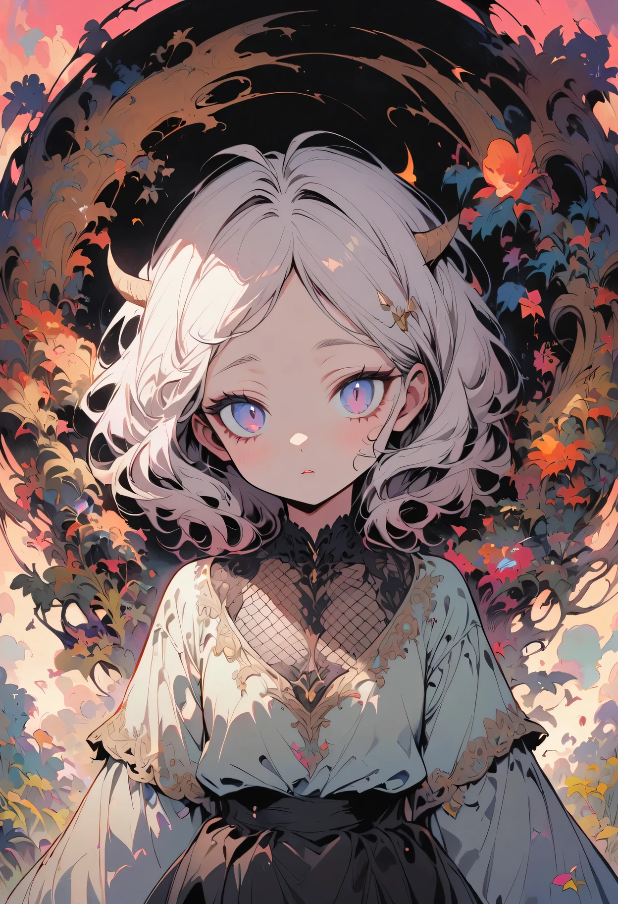 albino devil girl,((above waist)), Photographed from a distance, Sleepy、smoky eyes, big eyes, Eyes are delicate and beautiful, Beautiful and delicate face, details on face, White hair rings , antenna , fishnet shirt, (long and complex horns:1.2)
