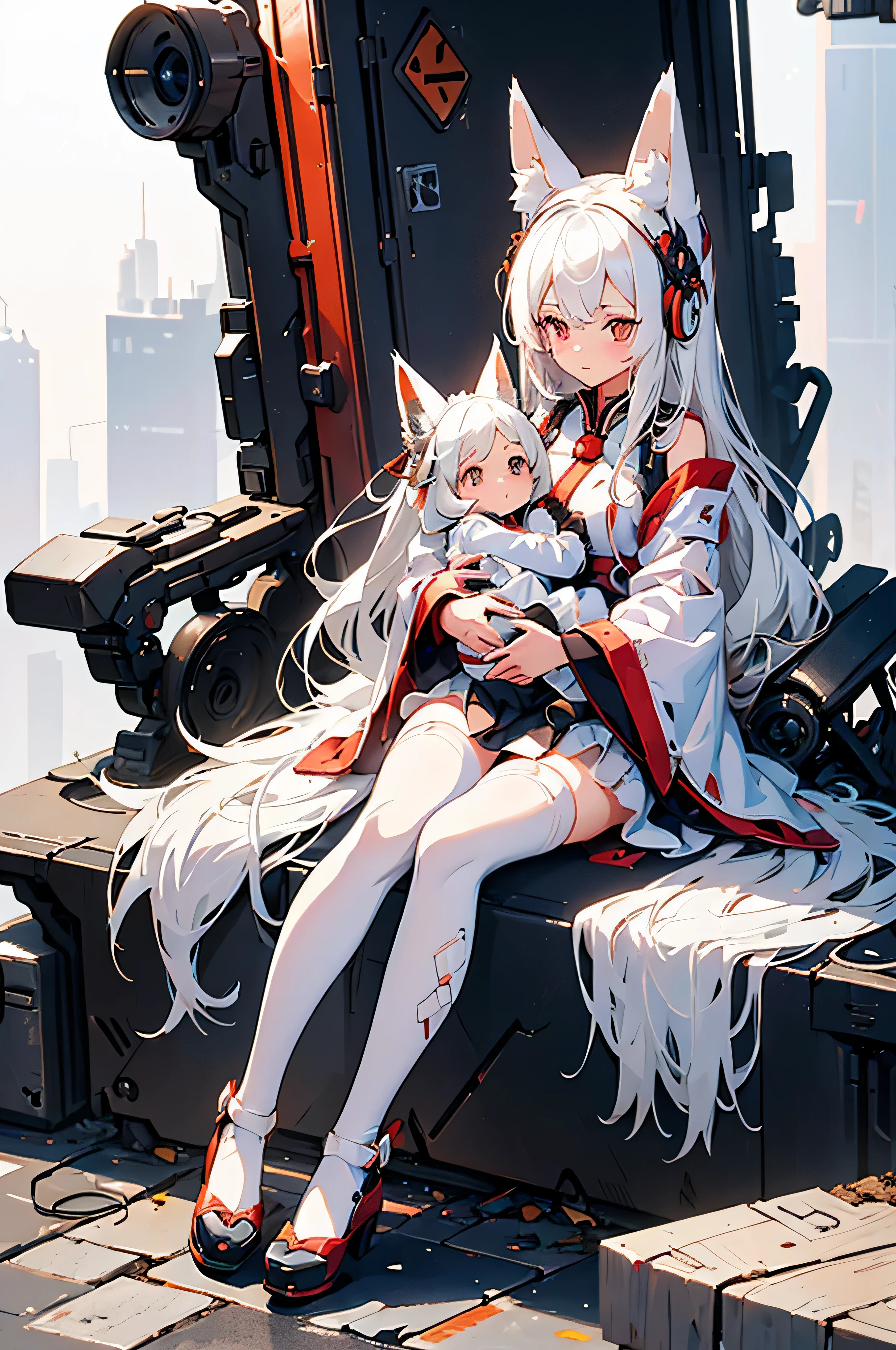 1girl with white hair sedan, fox ears, fox tail, anime style Mecha maiden,((high resolution)), ((best quality))), destroyed city background, alone, Mecha dress, Mecha shoes, Mecha long white socks. was holding his  girl who was sleeping while sitting in front of the house and always watching his little babyas sleeping