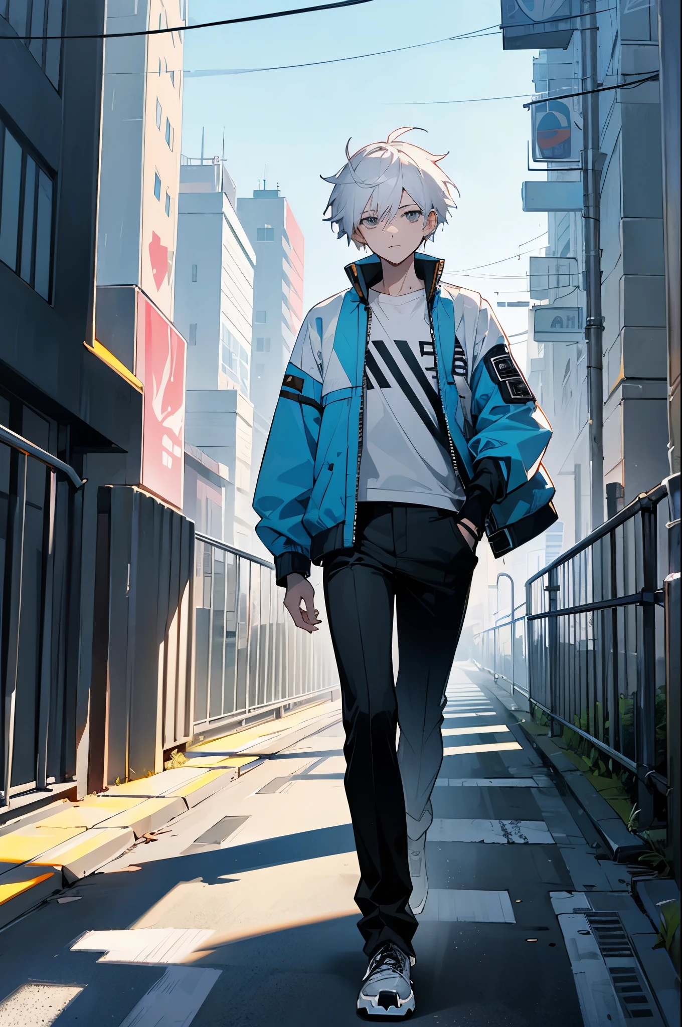 young male, white hair, short hair, messy spikey hair, silver eyes, casual clothing, light blue tech jacket, black pants, expressionless, city background, walking on path, vibrant colors, sunny,
