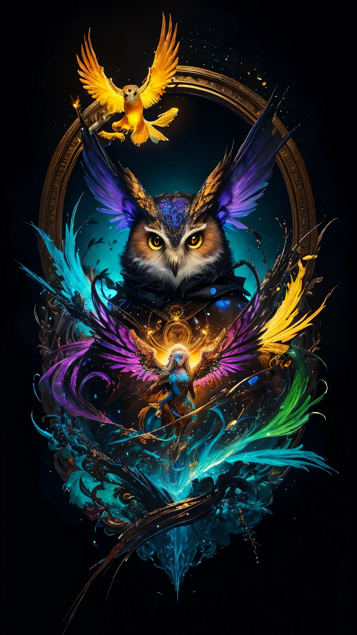 A painting of a colorful owl on a black background,, impressive representation, within a radiant connection, inspirado en Kinuko Y. Craftsmanship,, elementos magicos, icono de gatito, Guau, es bonito, lanzando un hechizo multicolor, bright destello, destello