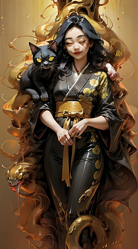 woman wearing white kimono、Monster cats are on the left and right、The snake is wrapped around it、surrounded by animals、
