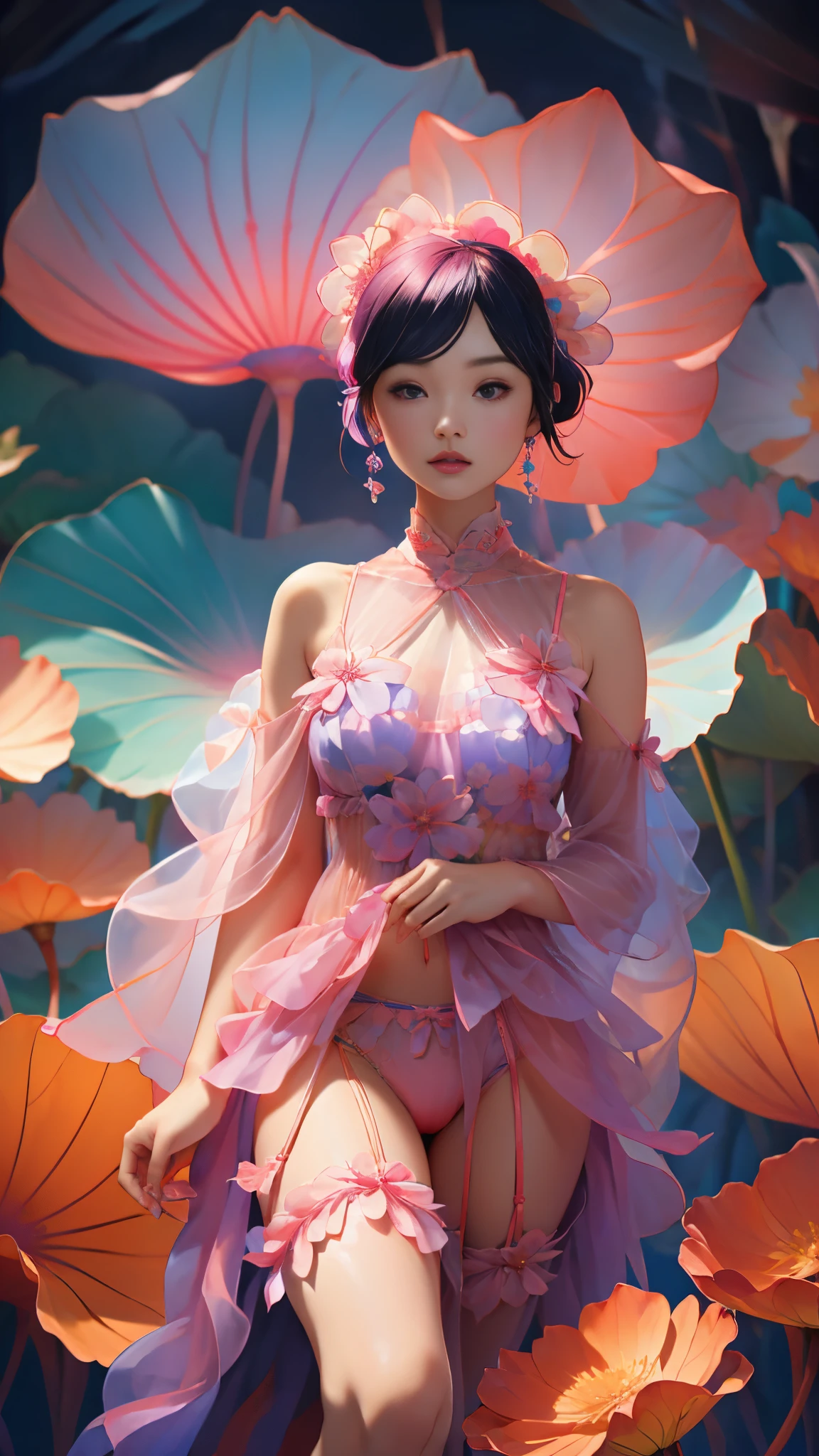 una imagen de una hermosa mujer cubierta de flores, Al estilo del rastreo vray., escenas de nieve, fluid, esculturas de vidrio, macro de zoom, Contemporary Chinese Art, realista, retratos emotivos, gotas de agua, (mostrando panties lingerie:1.4), (colores brillantes), (flores pink y violet :1.4), (flores silvestres azules :1.4), (panties lingerie amarillo :1.4) 
 