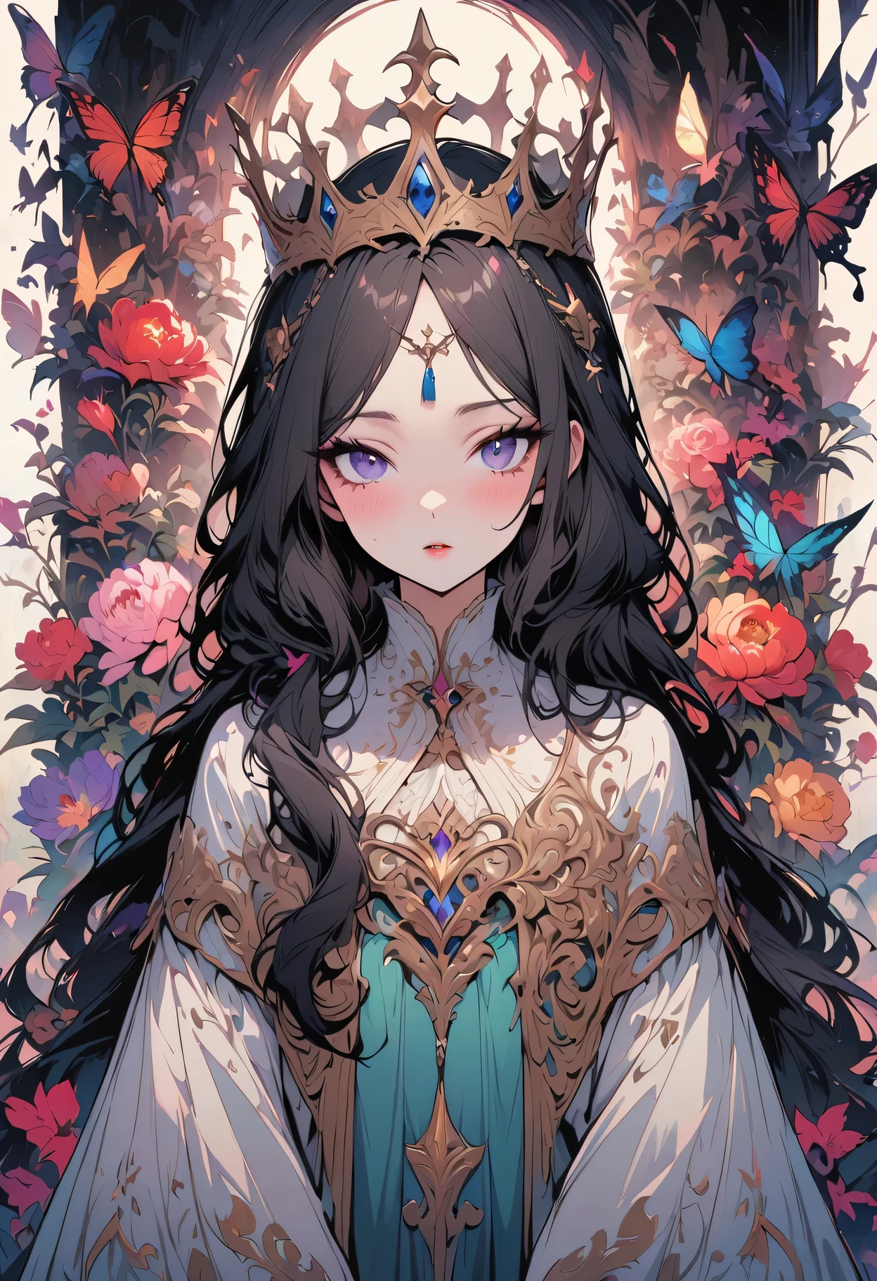 (masterpiece, best quality:1.2),2d，printing，Smooth lines，black line，T-shirt design，vector art：1.37. (1 girl, alone，Fair).（Exquisite facial features，eyelash，blush，long hair，Exquisite makeup），crown，花环crown，corolla，黑色long hair，hanfu，tassel，Butterfly，peony，symmetry，White background，