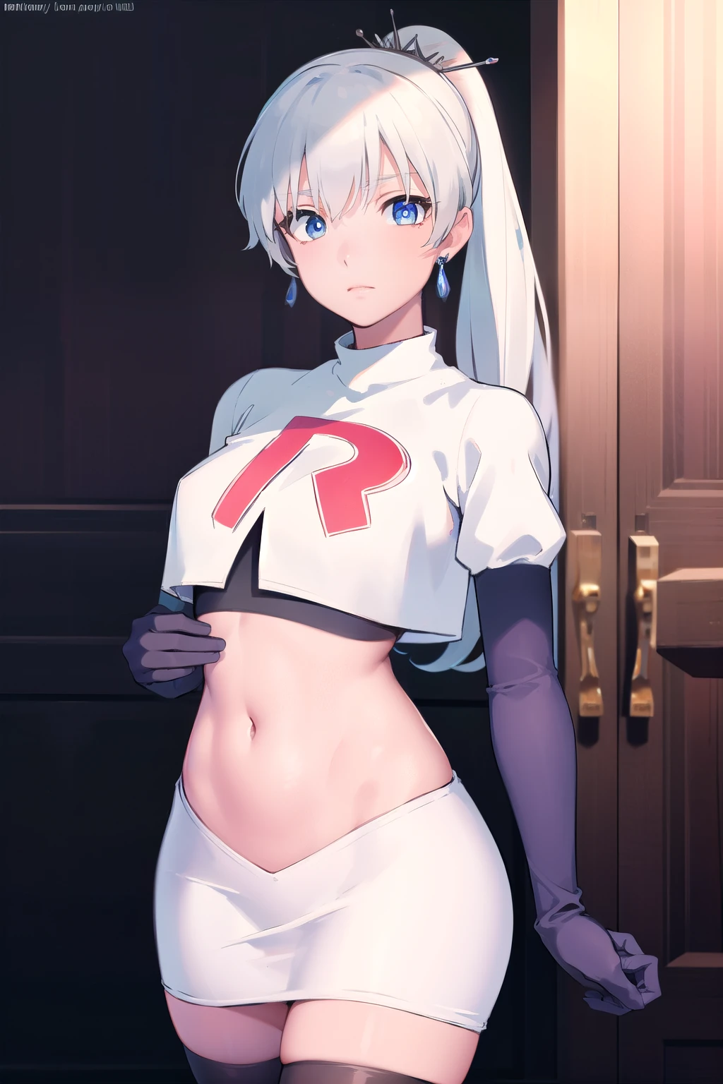 weissschnee, weiss schnee, long hair, blue eyes, hair ornament, ponytail, white hair, side ponytail, scar, tiara, scar on face, scar across eye,
BREAK jewelry, earrings, team rocket,team rocket uniform, red letter R, white skirt,white crop top,black thigh-highs,black elbow gloves
BREAK looking at viewer, (cowboy shot:1.5),
BREAK (masterpiece:1.2), best quality, high resolution, unity 8k wallpaper, (illustration:0.8), (beautiful detailed eyes:1.6), extremely detailed face, perfect lighting, extremely detailed CG, (perfect hands, perfect anatomy),