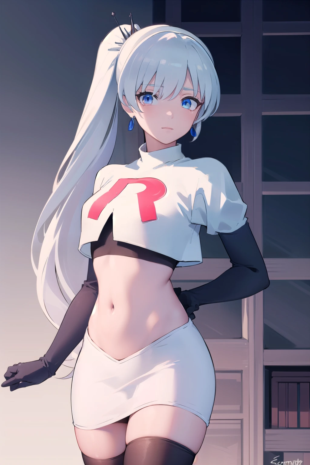 weissschnee, weiss schnee, long hair, blue eyes, hair ornament, ponytail, white hair, side ponytail, scar, tiara, scar on face, scar across eye,
BREAK jewelry, earrings, team rocket,team rocket uniform, red letter R, white skirt,white crop top,black thigh-highs,black elbow gloves
BREAK looking at viewer, (cowboy shot:1.5),
BREAK (masterpiece:1.2), best quality, high resolution, unity 8k wallpaper, (illustration:0.8), (beautiful detailed eyes:1.6), extremely detailed face, perfect lighting, extremely detailed CG, (perfect hands, perfect anatomy),