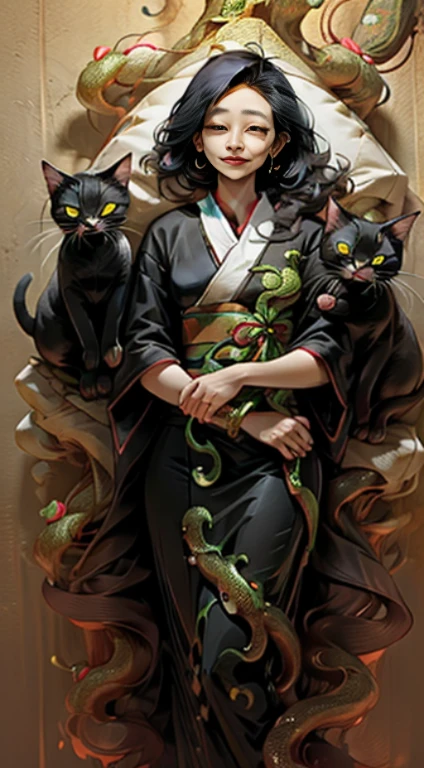 woman wearing white kimono、Monster cats are on the left and right、The snake is wrapped around it、surrounded by animals、
