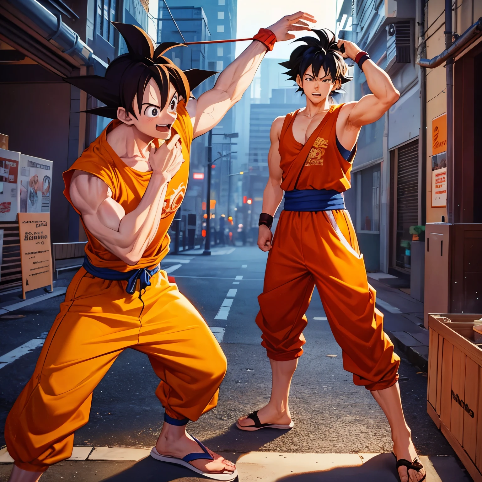 Create a highly detailed and realistic digital art piece of Goku from Dragon Ball and Power Ranger Mighty Morphin Red and Inuyasha, standing confidently on a city street. Ensure his spiky black hair, orange martial arts gi with a blue belt, and muscular physique are accurately depicted. The background should include urban elements like cars, buildings, and pedestrians to enhance the city setting, trade mark (enyo) on bottom picture