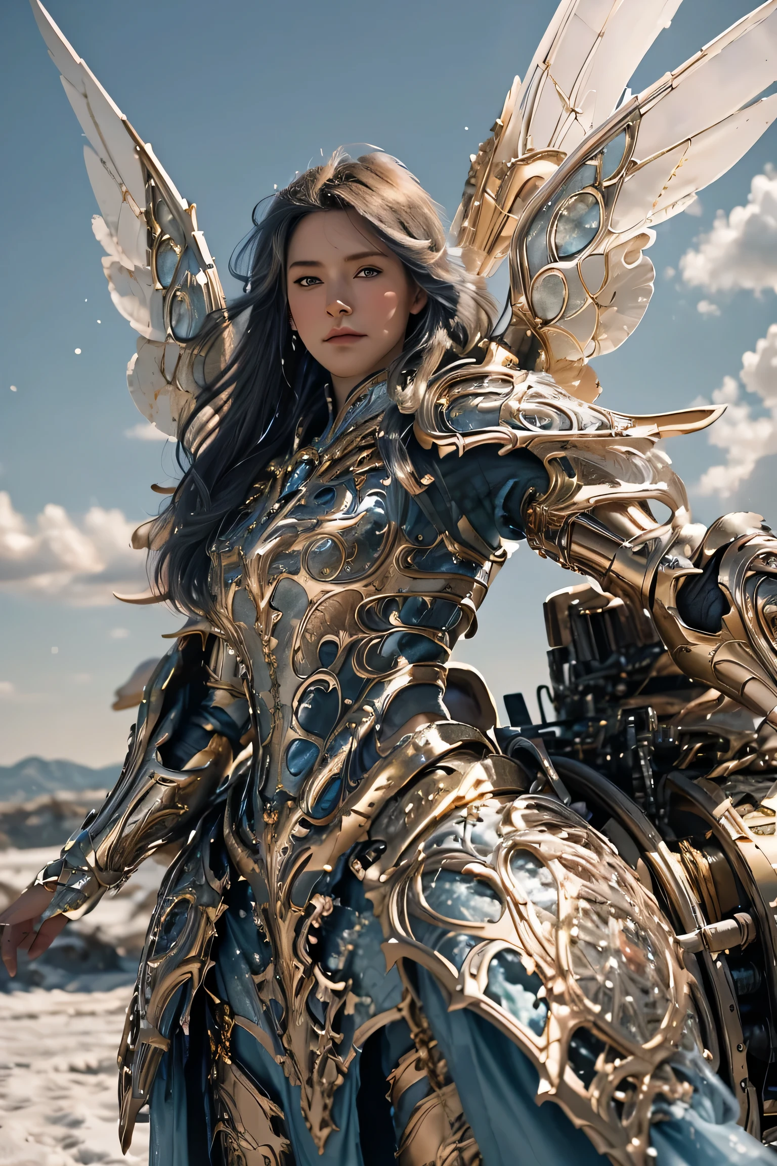 best quality, Stunningly detailed armor, Beautiful girl with long flowing hair, piercing blue eyes, rosy lips, Standing proudly against the backdrop of a vibrant sky filled with fluffy white clouds, Soaring gracefully in the air. Beautifully designed armor，With shiny metal accents, Reflecting sunlight，she flies gracefully. The whole scene is bathed in warmth, golden light, Create warmth、feeling of tranquility. The vibrant colors of the sky and clouds add a touch of whimsy and fantasy to the artwork. The focus is on capturing every tiny detail of the girl&#39;s face, her armor, and surrounding environment，Create a realistic masterpiece，Showcase the beauty and power of girls in this fantasy setting.