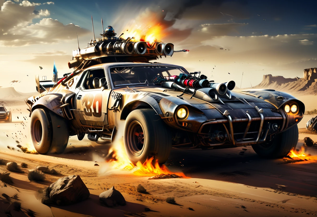 ((Racing Car: 1.5, drone-style high angle camera view: 1.5, wide general shot: 1.5)), ((several cars running mad max style races, in the desert, among rubble, punk people watching the race on the sides of the road:1.5)), ((perfect, Meticulously detailed, impeccable, movie-like, cinematic-like: 1.5), ((Masterpiece)), (Hyper-detailed: 1.3), (Photorealistic: 1.4), epic, at night : 1.3, darkness: 1.3, light from the explosions illuminate the cars, 32k.