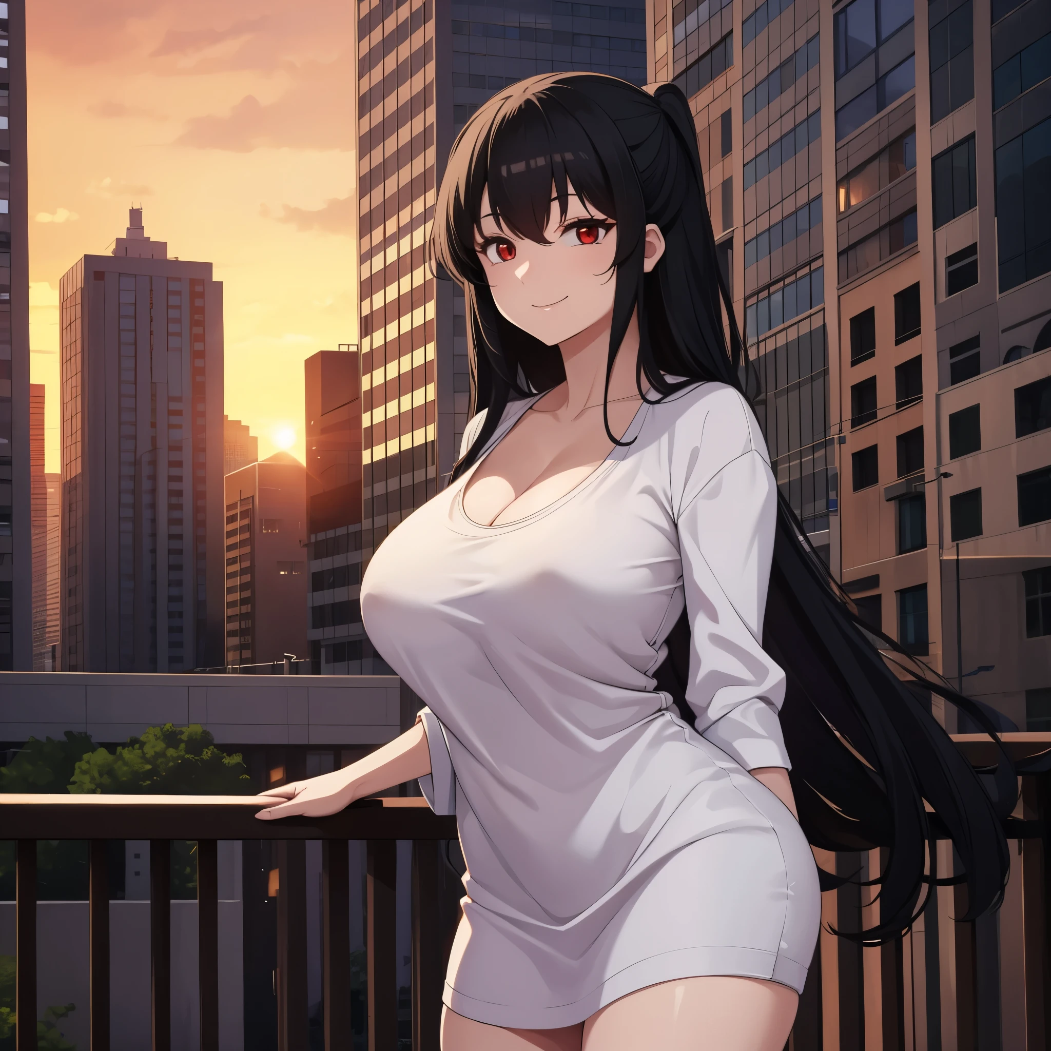 a woman with casual clothes, black hair, red eyes smiling, in a city, sunset, big breasts, masterpiece, 4k, perfect, ultra resolution
