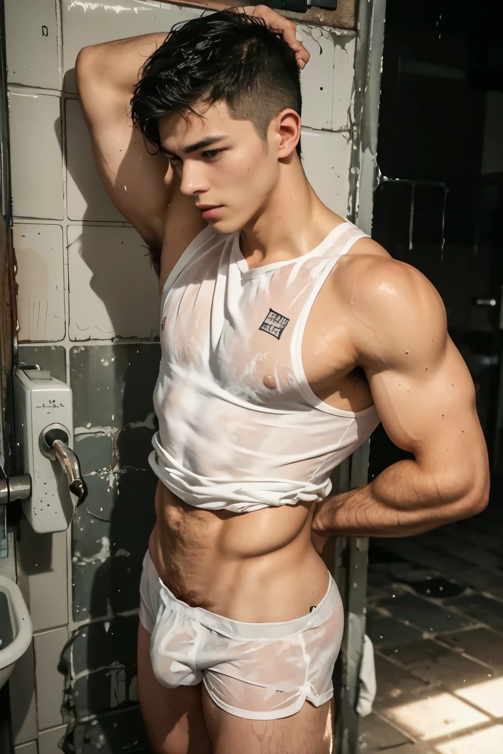 Muscle body, Soaked white THONG, hairy body, ager, very wet body, Hairy stomatch, very hairy abs, Very bushy hairy armpits, hairy pubic, hairy crotch, white transparent see through sleeveless shirt, Super Realistic photography, PROUDLY SHOWING OFF HIS BODY, Cute teen, Wearing soaked white sleeveless t-shirt, NO PANTS, NO BOXER, DETAILED, sexy, wearing soaked THONG, ABS EXPOSED, Very wet body, very wet, dirty urinal, public men toilet, men urinal, pantless just wearing soaked white thong exposed HIS big bulge, Showing off his very hairy armpits, muscle fit body, teenagerry cute boy face, 17 years oldoung teenager boy, seedy and y alley scenery, in the middle of Crowded public toilet, dickprint, Sweat dripping all over the body, Proudly showing off his sweaty very hairy armpits to audience , The colors are bright and vibrant, enhancing the overall aesthetic. The lighting is soft and natural, casting a soft glow on the boy, don't merge body's, detailed eyes and lips, sixpack and fit body. Image quality is of the highest standard, with ultra-detailed features and a realistic appearance.