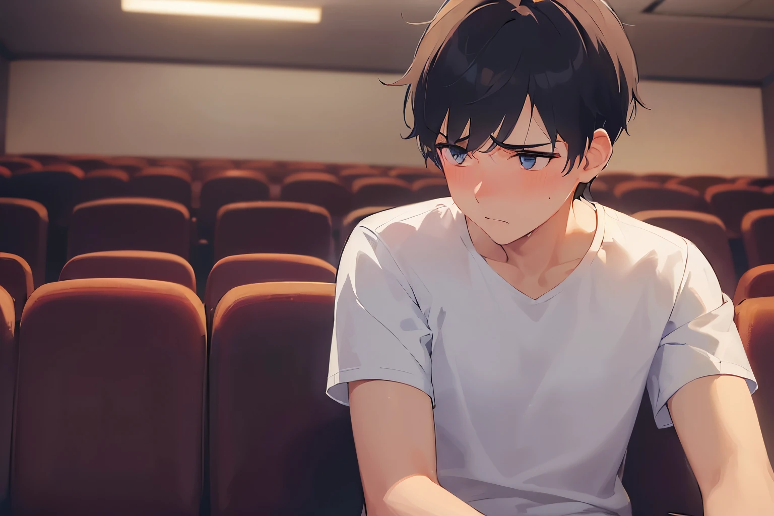 (looking away:1.5)、Upper Body, masterpiece、highest quality、25 year old male with short black hair and blue eyes, wearing a white shirt、sitting、serious expression, (blush:1.3), background is Movie theater、seat、(Alone:2)