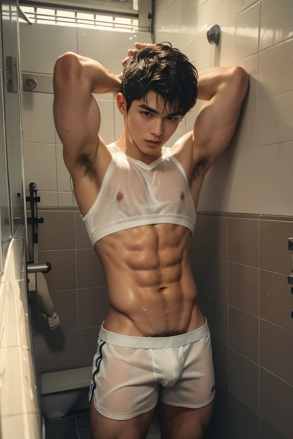 Muscle body, Soaked white THONG, hairy body, ager, very wet body, Hairy stomatch, very hairy abs, Very bushy hairy armpits, hairy pubic, hairy crotch, white transparent see through sleeveless shirt, Super Realistic photography, PROUDLY SHOWING OFF HIS BODY, Cute teen, Wearing soaked white sleeveless t-shirt, NO PANTS, NO BOXER, DETAILED, sexy, wearing soaked THONG, ABS EXPOSED, Very wet body, very wet, dirty urinal, public men toilet, men urinal, pantless just wearing soaked white thong exposed HIS big bulge, Showing off his very hairy armpits, muscle fit body, teenagerry cute boy face, 17 years oldoung teenager boy, seedy and y alley scenery, in the middle of Crowded public toilet, dickprint, Sweat dripping all over the body, Proudly showing off his sweaty very hairy armpits to audience , The colors are bright and vibrant, enhancing the overall aesthetic. The lighting is soft and natural, casting a soft glow on the boy, don't merge body's, detailed eyes and lips, sixpack and fit body. Image quality is of the highest standard, with ultra-detailed features and a realistic appearance.