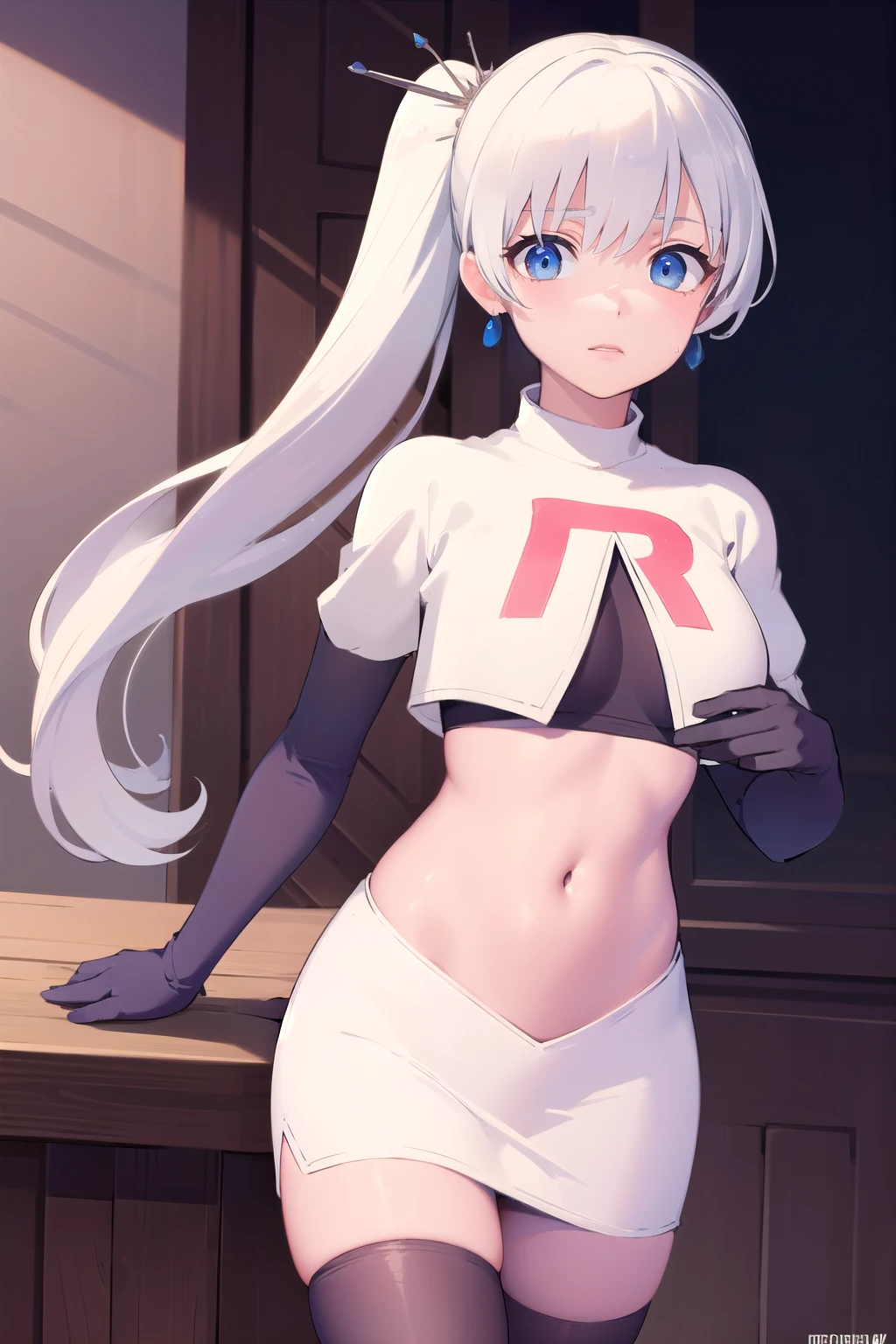weissschnee, weiss schnee, long hair, blue eyes, hair ornament, ponytail, white hair, side ponytail, scar, tiara, scar on face, scar across eye,
BREAK jewelry, earrings, team rocket,team rocket uniform, red letter R, white skirt,white crop top,black thigh-highs,black elbow gloves
BREAK looking at viewer, (cowboy shot:1.5),
BREAK (masterpiece:1.2), best quality, high resolution, unity 8k wallpaper, (illustration:0.8), (beautiful detailed eyes:1.6), extremely detailed face, perfect lighting, extremely detailed CG, (perfect hands, perfect anatomy),