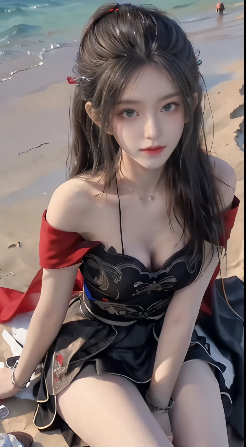 (masterpiece, best quality:1.2), 1girl, solo, ((bare shoulders)), (actual:1.37), ((lying on a beach)), ((Bird&#39;s eye view shot)), Sweet maiden, beautiful妆容, Exquisite makeup, Extremely beautiful eyes, long hair, curls, slim body, ((big breasts, Big breasts, cleavage)), Sexy slender legs, The skirt is short, Leaking sexy legs, elegant posture, best quality, correct, correct的手, correct的腿, 解剖学correct, official art, complex, detail的脸, detail, lifelike, Very detailed, amazing, beautiful, Young and energetic, Charming model, Meticulous CG Uniform 8k wallpaper