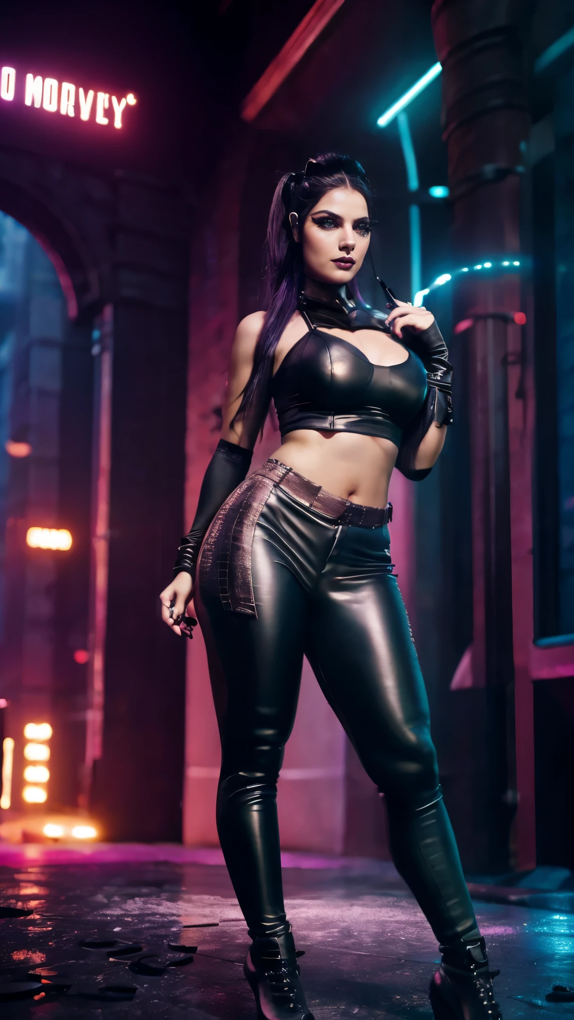 A woman 23yo,green eyes,(full body:1.5), Cyberpunk (Harley Quinn costume:1.1), Evil attitude, cold stare, (neon Gotham City):1.5, ((masterpiece)), ((best quality)), (((photo Realistic))), extremely detailed cg 8k wallpaper, bright colors, Dramatic light, dynamic angle, Beautiful, stunning, windy, high detail hair,(highly detailed eyes), (highly detailed facial features), lifelike texture, slender body, toned body, perfect face, slim athletic body, (34dd breasts:0.75), (cold attitude, eyeshadow, eyeliner:1.6), retro fantasy, hyper-realistic, amazing fine detail, rich colors, realistic texture, vignette, moody, dark, epic, gorgeous, film grain, grainy, beautiful lighting, rim lighting, magical, shallow depth of field, photography, neo noir, volumetric lighting, Ultra HD, raytracing, studio quality