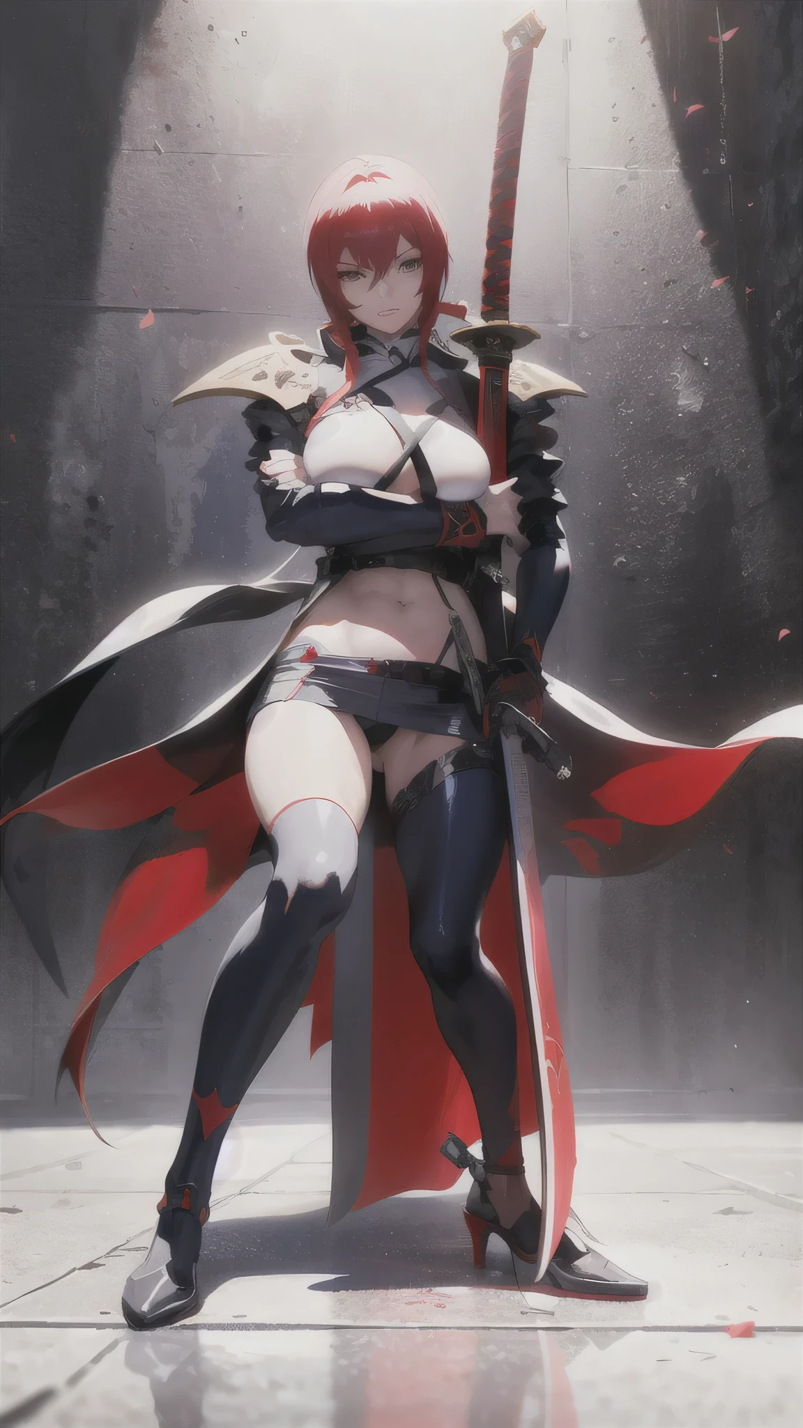 a woman kneeling down with a sword in her hand,very beautiful cyberpunk samurai,she is holding a katana sword,unsheathing her katana,she is holding a sword,ornate korean polearm behind her, realistic anime 3D style, cgsociety 9,2.5D cgi anime fantasy artwork, 3 d anime realistic.pose beautiful.redAssassin.Standing and sitting with his hands on his knees, Carry the sword on your shoulder.(Stand with your arms crossed over your chest, your back against the wall).hair white.