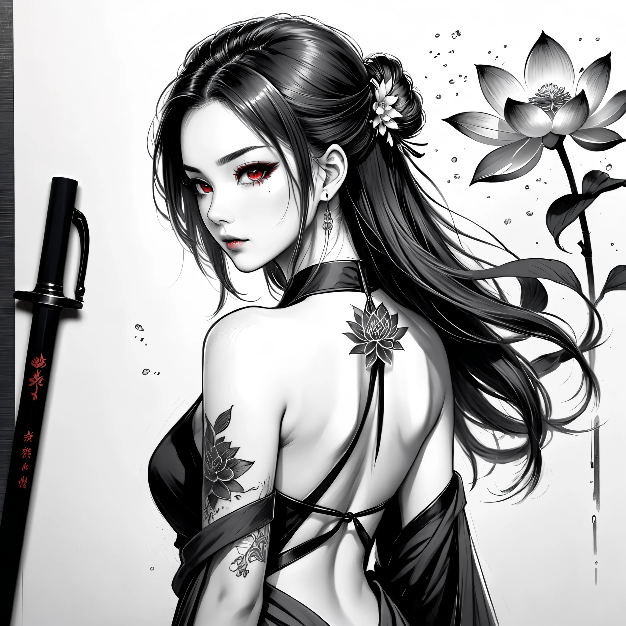Geisha sexy demon black and white drawing