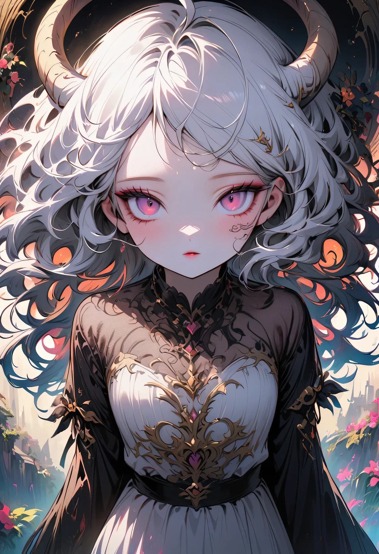 albino devil girl,((above waist)), Photographed from a distance, Sleepy、smoky eyes, big eyes, Eyes are delicate and beautiful, Beautiful and delicate face, details on face, White hair rings , antenna , fishnet shirt, (long and complex horns:1.2)