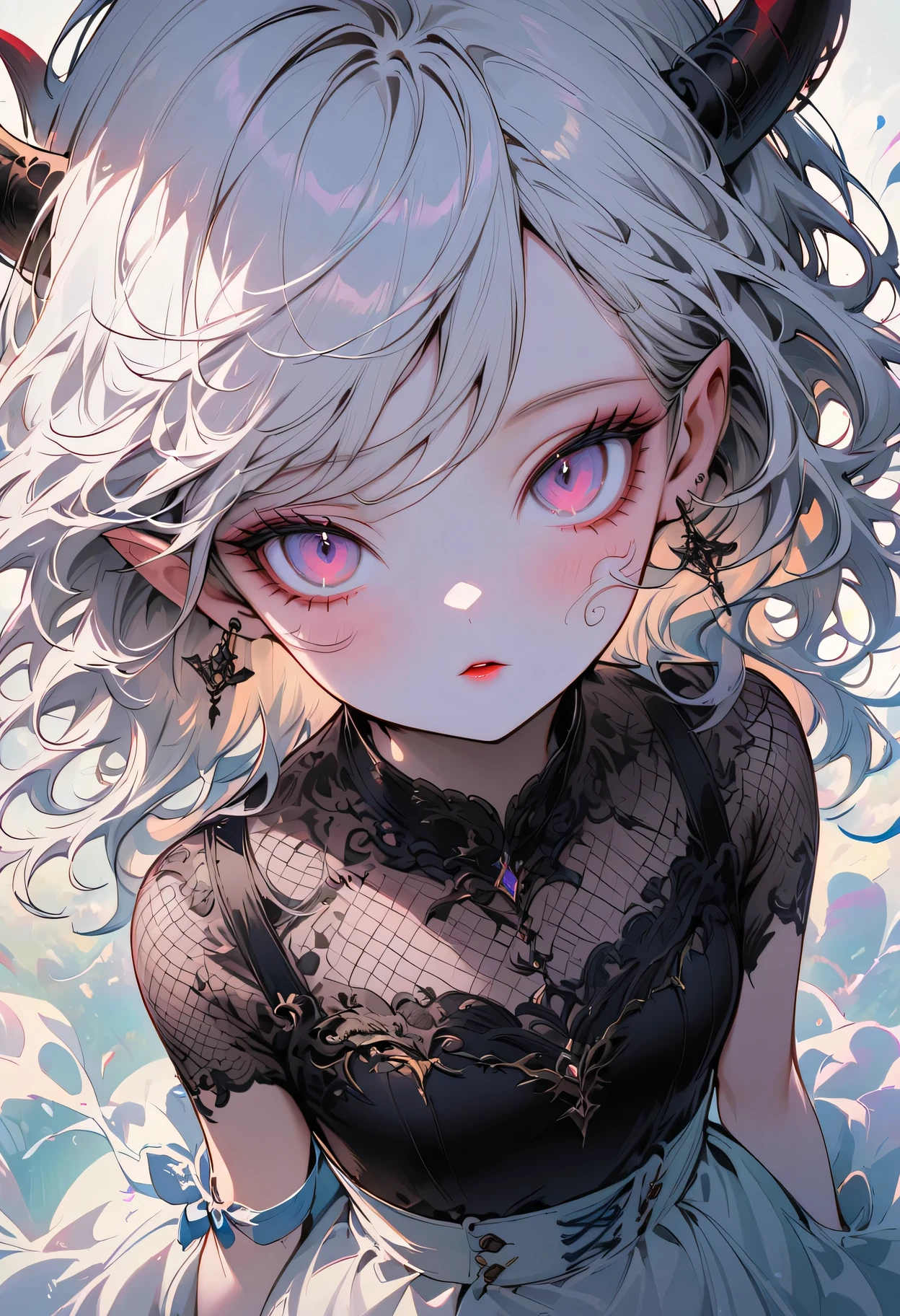 albino devil girl，((above waist)), Photographed from a distance, Sleepy、smoky eyes, big eyes, Eyes are delicate and beautiful, Beautiful and delicate face, details on face, White hair rings , antenna , fishnet shirt, (long and complex horns:1.2)
