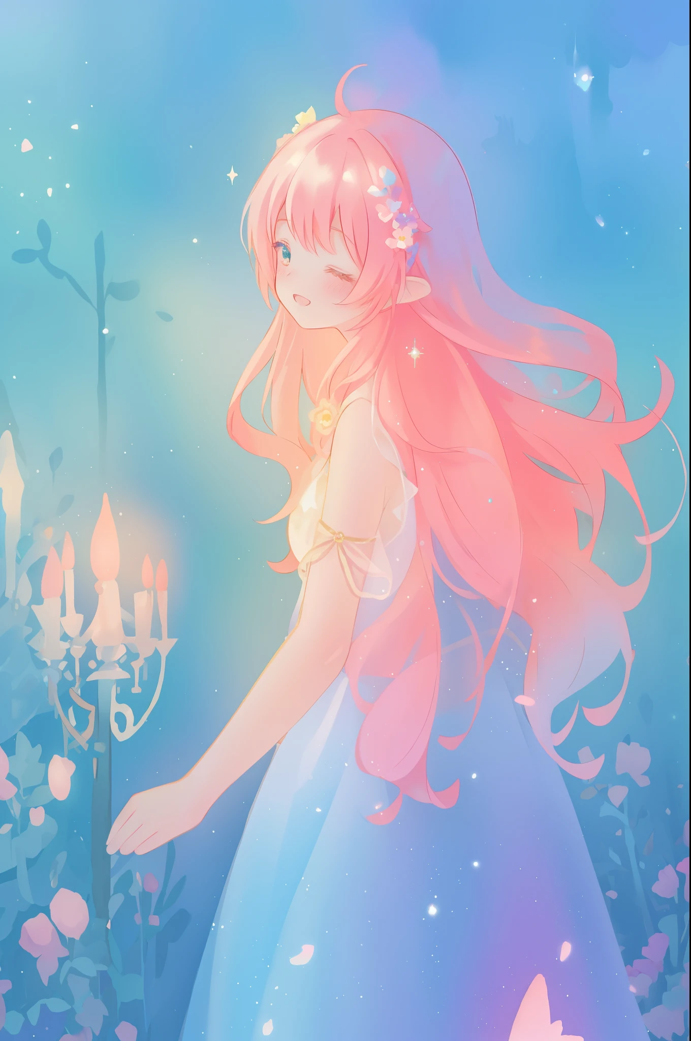 beautiful girl in sparkling flowing dress, long flowing pink hair, colorful fantasia background, watercolor illustration, disney art style, glowing aura around her, glowing lights, beautiful digital illustration, fantasia otherworldly landscape plants flowers, beautiful, masterpiece, best quality, anime disney style