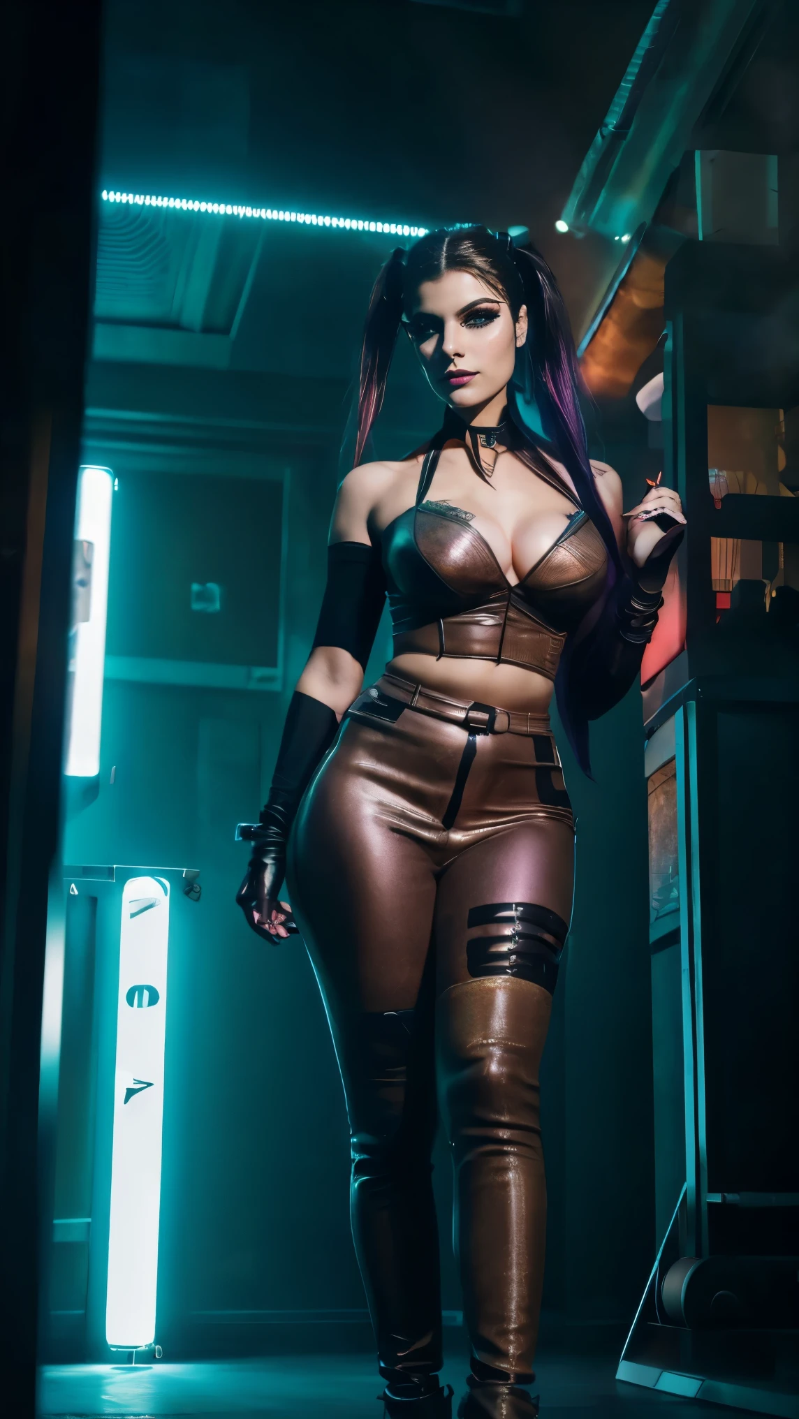 A woman 23yo,green eyes,(full body:1.5), Cyberpunk (Harley Quinn costume:1.1), Evil attitude, cold stare, (neon Gotham City):1.5, ((masterpiece)), ((best quality)), (((photo Realistic))), extremely detailed cg 8k wallpaper, bright colors, Dramatic light, dynamic angle, Beautiful, stunning, windy, high detail hair,(highly detailed eyes), (highly detailed facial features), lifelike texture, slender body, toned body, perfect face, slim athletic body, (34dd breasts:0.75), (cold attitude, eyeshadow, eyeliner:1.6), retro fantasy, hyper-realistic, amazing fine detail, rich colors, realistic texture, vignette, moody, dark, epic, gorgeous, film grain, grainy, beautiful lighting, rim lighting, magical, shallow depth of field, photography, neo noir, volumetric lighting, Ultra HD, raytracing, studio quality