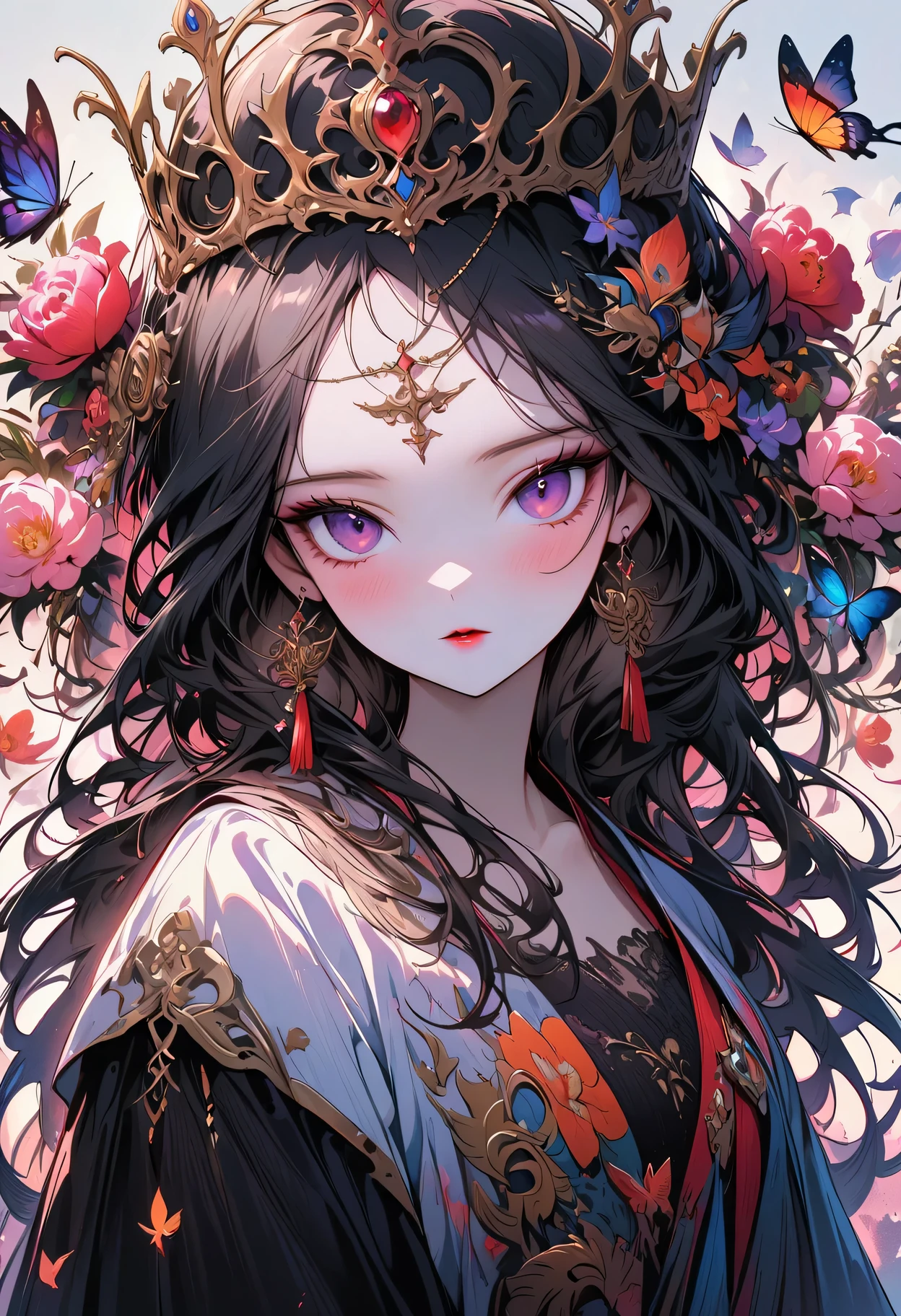 (masterpiece, best quality:1.2),2d，printing，Smooth lines，black line，T-shirt design，vector art：1.37. (1 girl, alone，Fair).（Exquisite facial features，eyelash，blush，long hair，Exquisite makeup），crown，花环crown，corolla，黑色long hair，hanfu，tassel，Butterfly，peony，symmetry，White background，