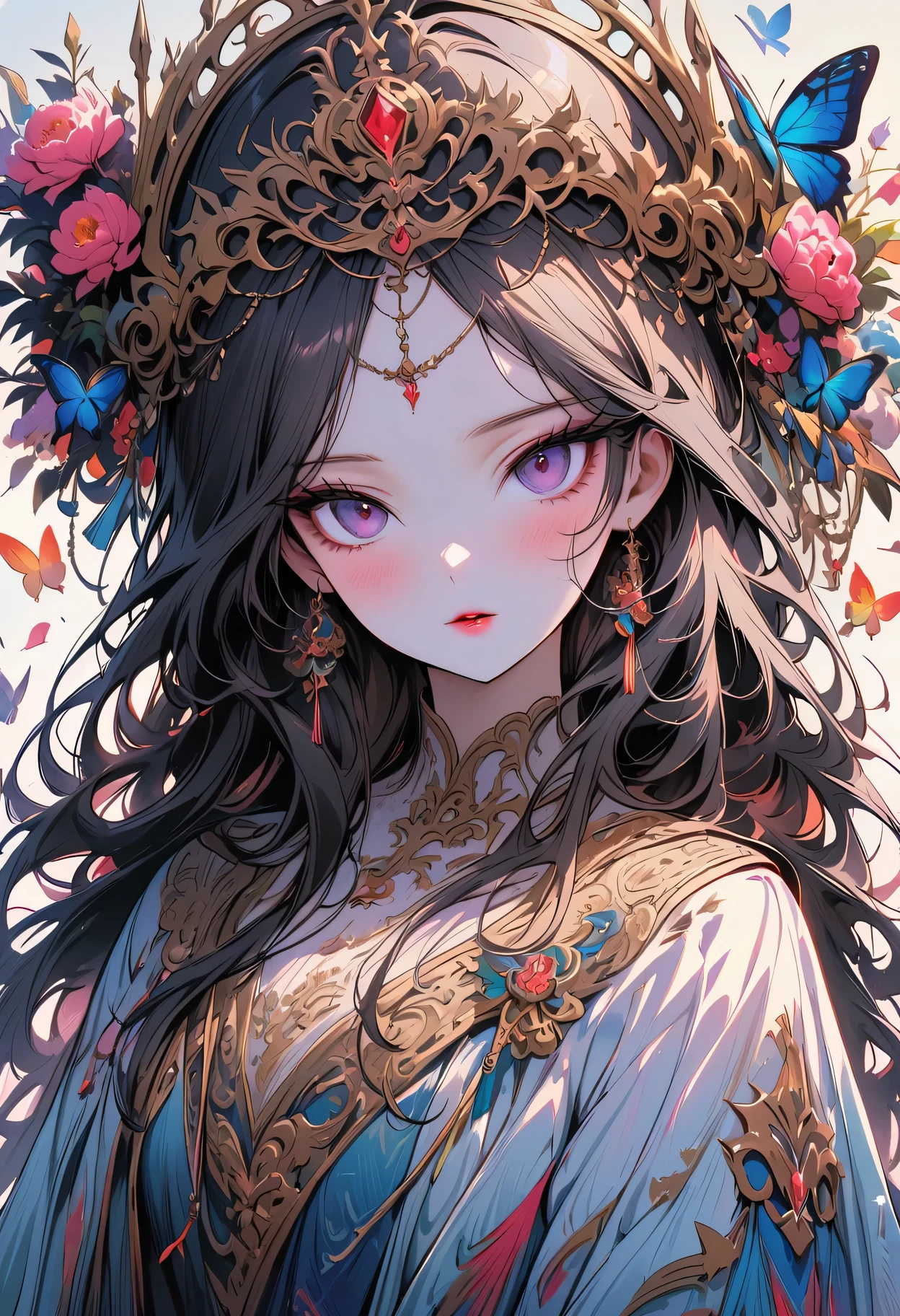 (masterpiece, best quality:1.2),2d，printing，Smooth lines，black line，T-shirt design，vector art：1.37. (1 girl, alone，Fair).（Exquisite facial features，eyelash，blush，long hair，Exquisite makeup），crown，花环crown，corolla，黑色long hair，hanfu，tassel，Butterfly，peony，symmetry，White background，