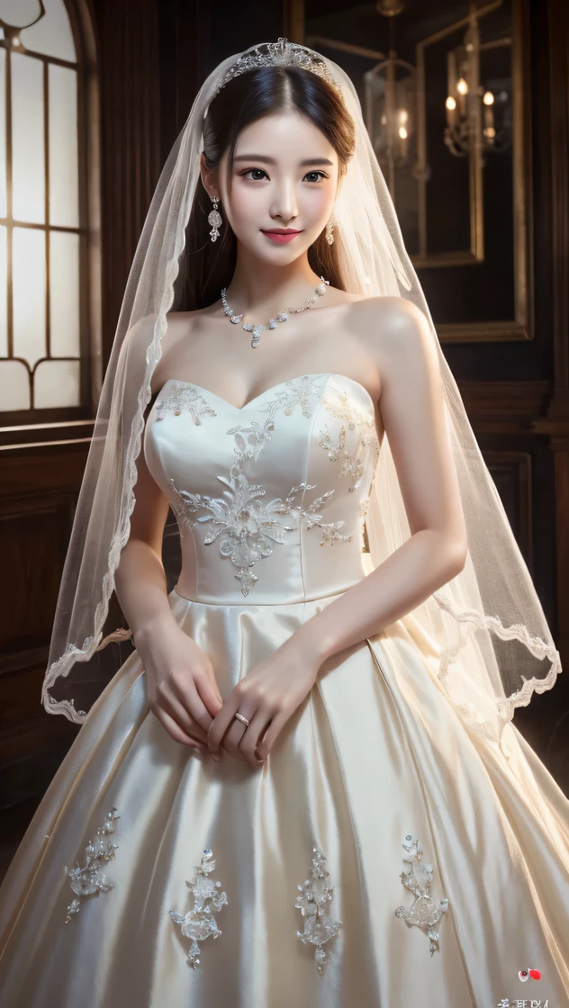 (Raw photo, highest quality)(8K, highest quality, masterpiece: 1.2), Super detailed, super resolution, (realistic, realistic photo: 1.37), High resolution raw color photos, professional photos, Beautiful in high resolution, very delicate and beautiful, 8K image wallpaper, amazing details, huge file size, high detailed beautiful girl, Super detailed face, very fine eyes, Very fine skin, very small nose, highly detailed mouth, perfect anatomy, simple background, 1 girl, 20 generations, pretty girl, Wedding dress, wedding style, 20th generation, Happy, lively face, delicate eyes, look at me, ((positive)), (Fair skin), very delicate and beautiful, finely, masterpiece,